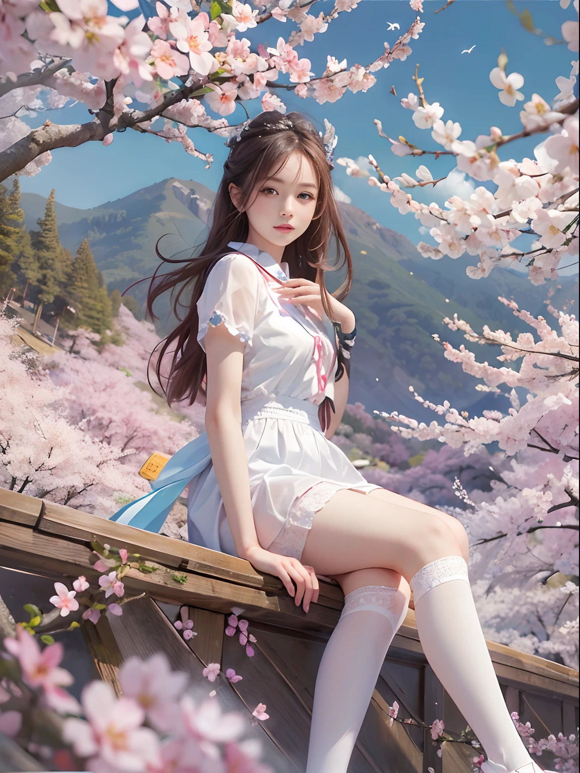 (Masterpiece), Best quality, high resolution, Highly detailed, Detailed background, Perfect lighting, En plein air, 1girll, cherry blossom in full bloom,White stockings