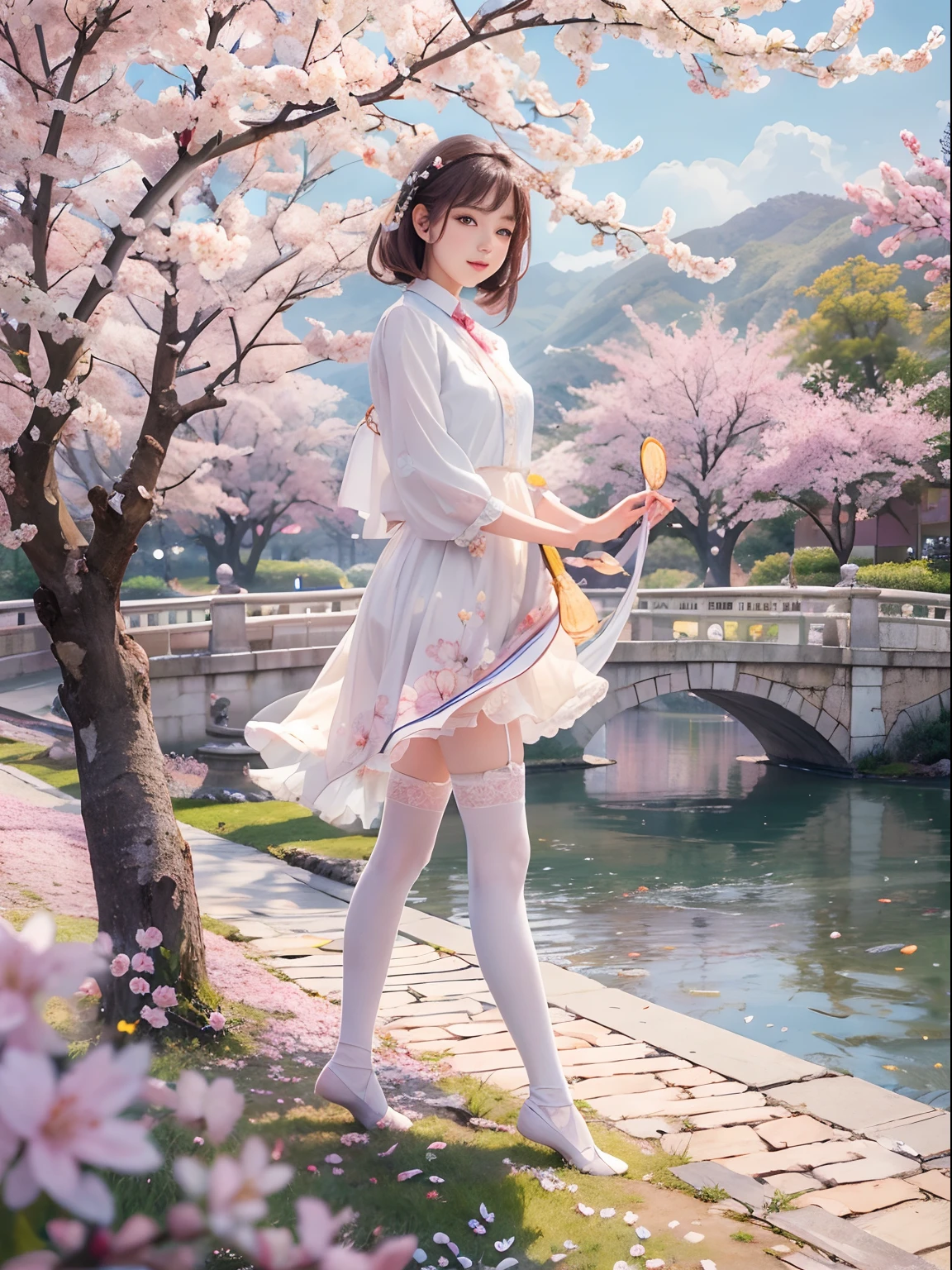 (Masterpiece), Best quality, high resolution, Highly detailed, Detailed background, Perfect lighting, En plein air, 1girll, cherry blossom in full bloom，White stockings