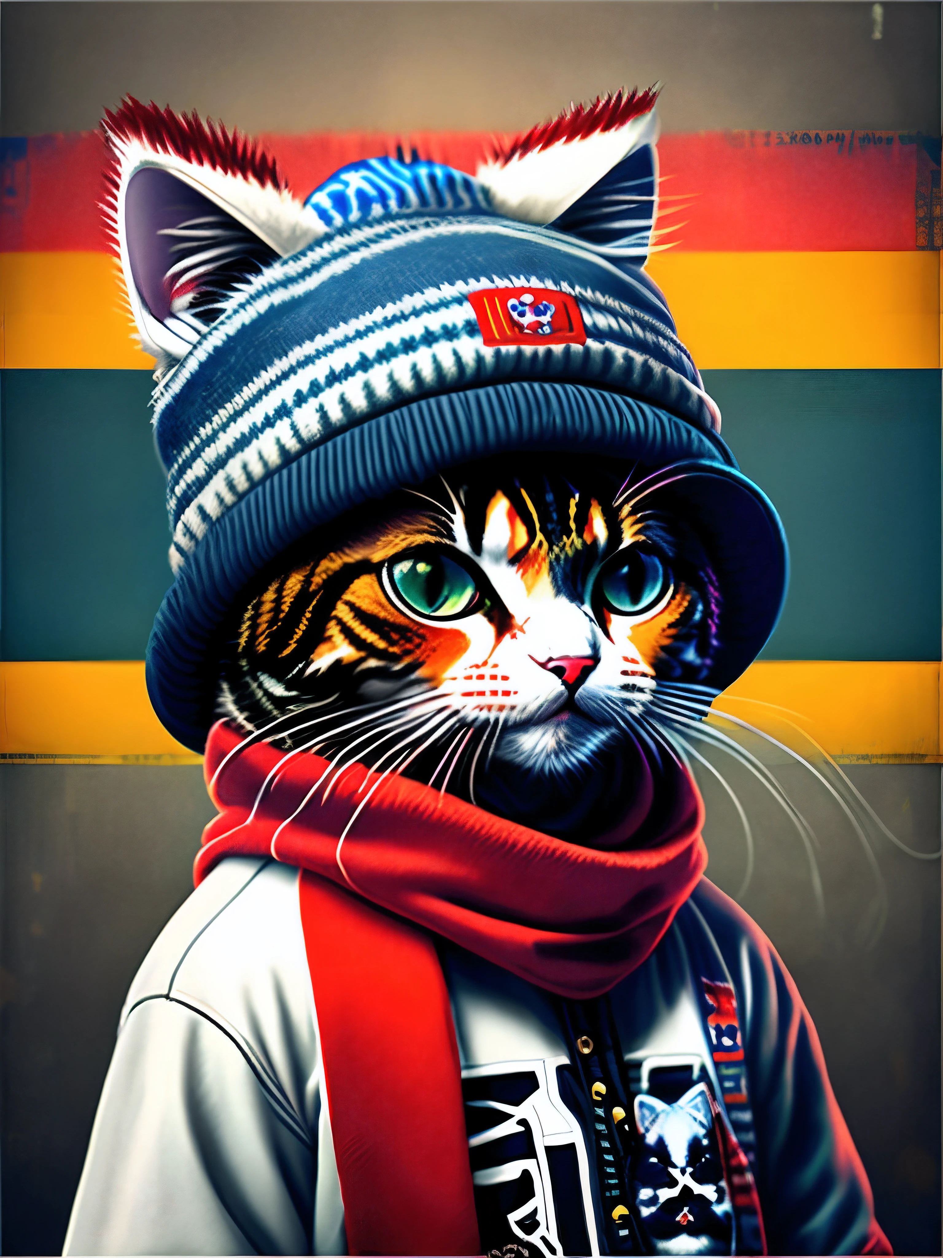 photo of a cat wearing a hat and scarf, trendy Art Station, dressed in punk clothes, hyper realistic detailed rendering, British gang member, urban style, intimidating pose, planet of cats, trendy clothes, urban samurai, meow, West Slavic traits, 8 1 5 , nepali flag on cap