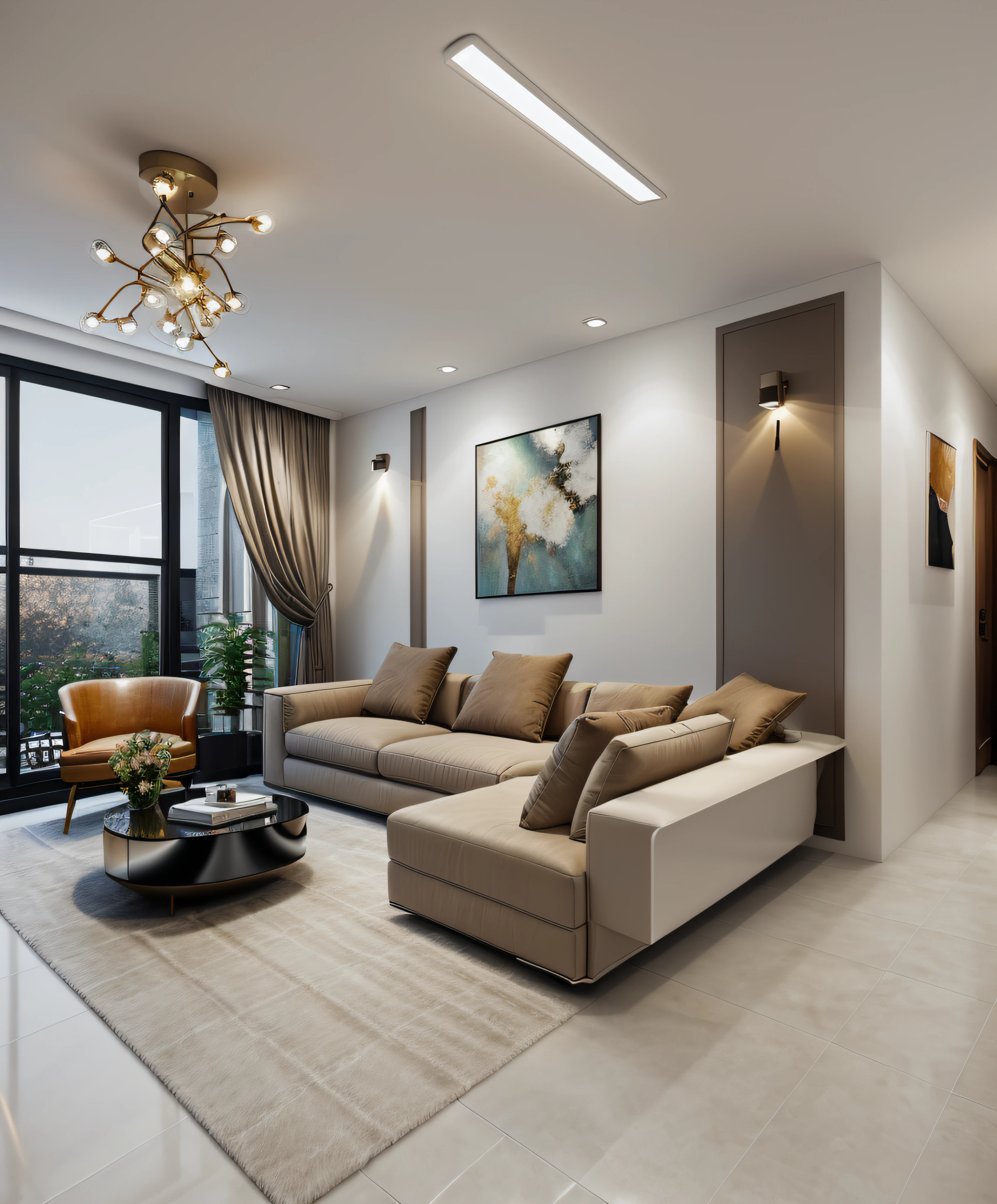 modern living room with a couch and a coffee table, luxury condo interior,(glossy mable stone floor),Wall painting,City lights at night, fancy apartment, interior living room, living room, luxurious environment, city apartment, elegant render, luxury hd render, lounge room, apartment design, modern living room, vray 8k render, interior design living room, high end interior, 8k vray render,indoor, (nighlight:1.4), shimering light, cinematic lighting,(Extremely sharp images),Award winning design, (((modern Wall lamp))) ,((Beautiful light)),((White Flat plaster ceiling)),(((sharp lines))), (fur rug ), (warm light) Wave shape light celling,sofa upholstered in velvet fabric, ((modern pendant light)),