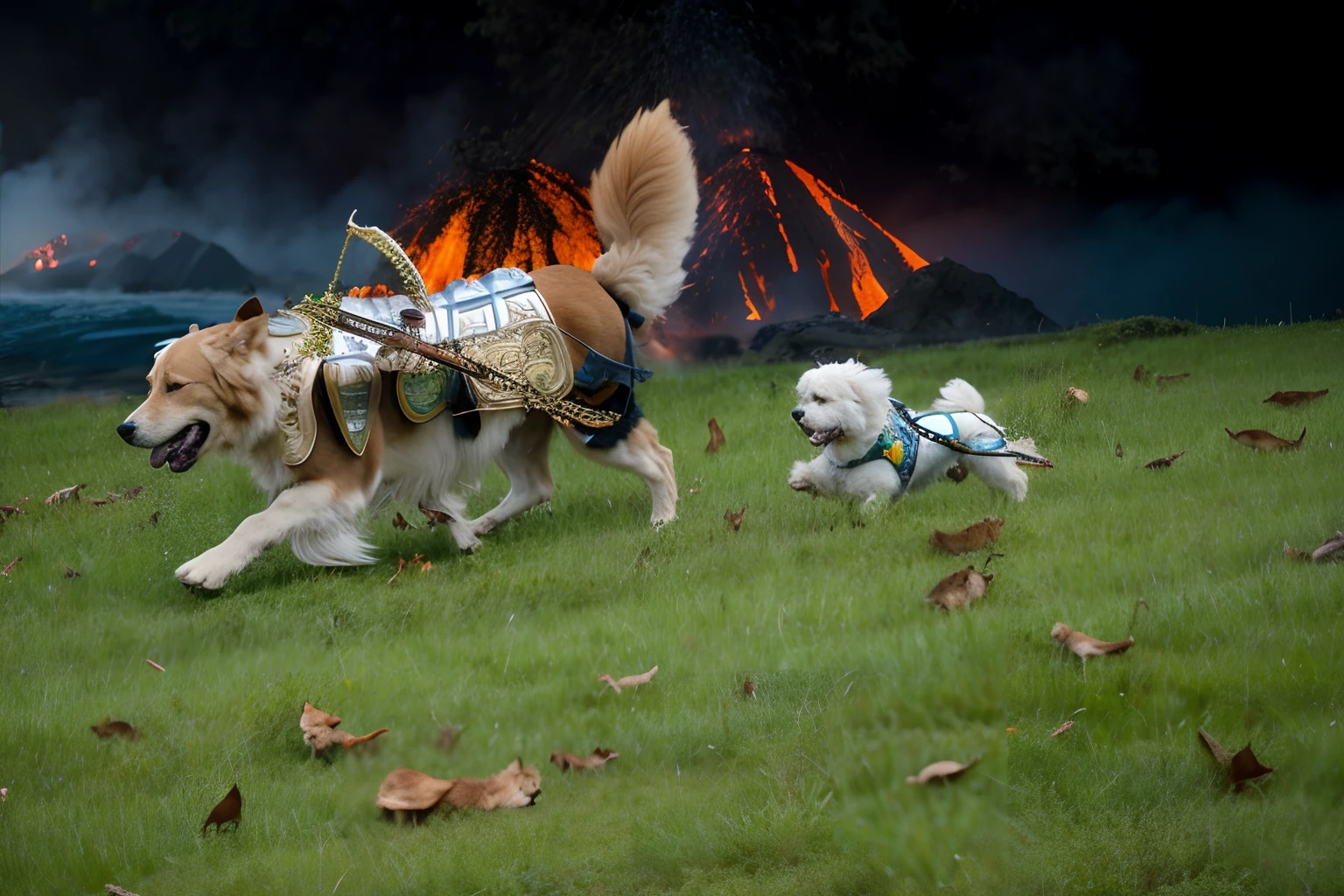Dogs in armor are running in the grass with fire in the background, depicting an erupting volcano