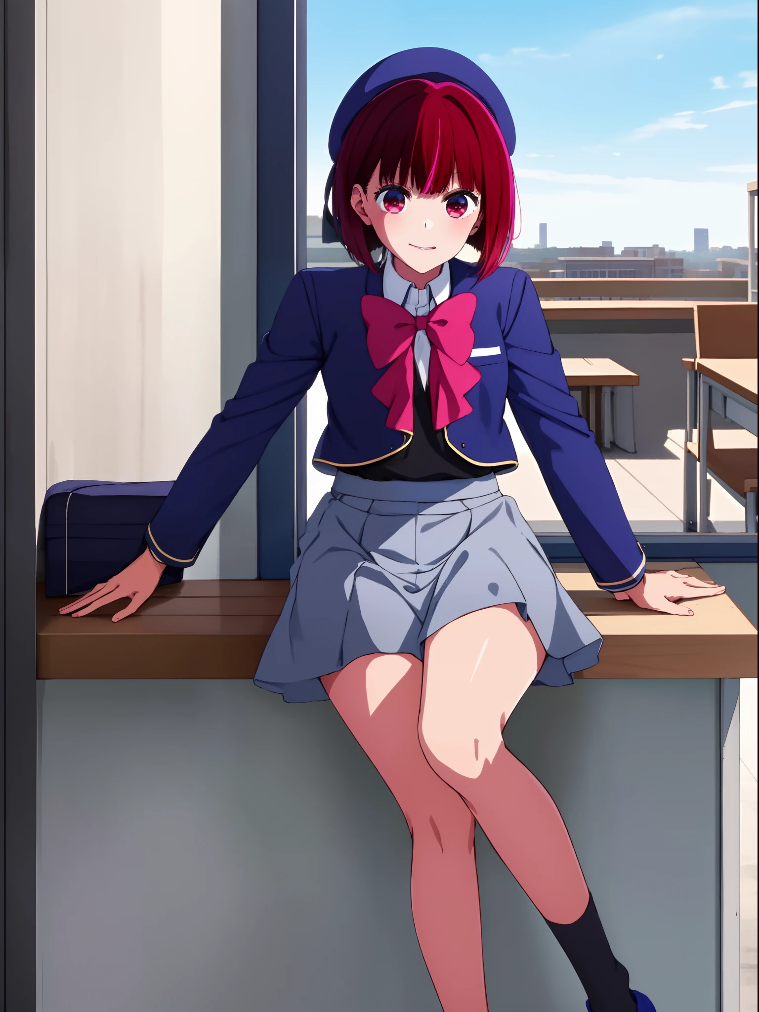 masterpiece, high quality, 8k, beautiful lighting, kanaarima, blue hat, hat, bow, pink bowtie, school uniform, blue jacket, jacket, skirt, grey skirt, 1girl, solo, shirt, white shirt, feet, black socks, sitting, classroom,( view from below:1)