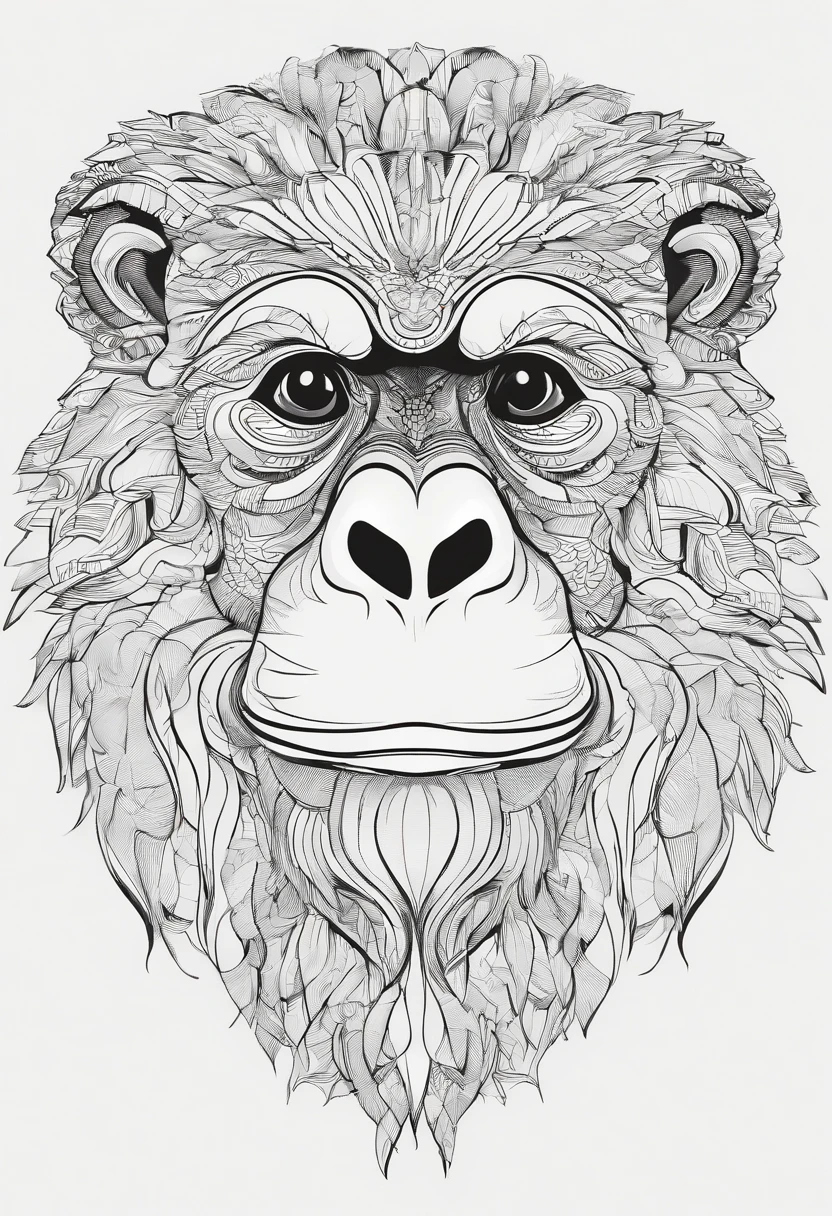 monkeys，A monkey head，Hand-drawn line drawings，Ultra-clear line drawings，Black and white tones，Color style，New Chinese，超高分辨率，8K