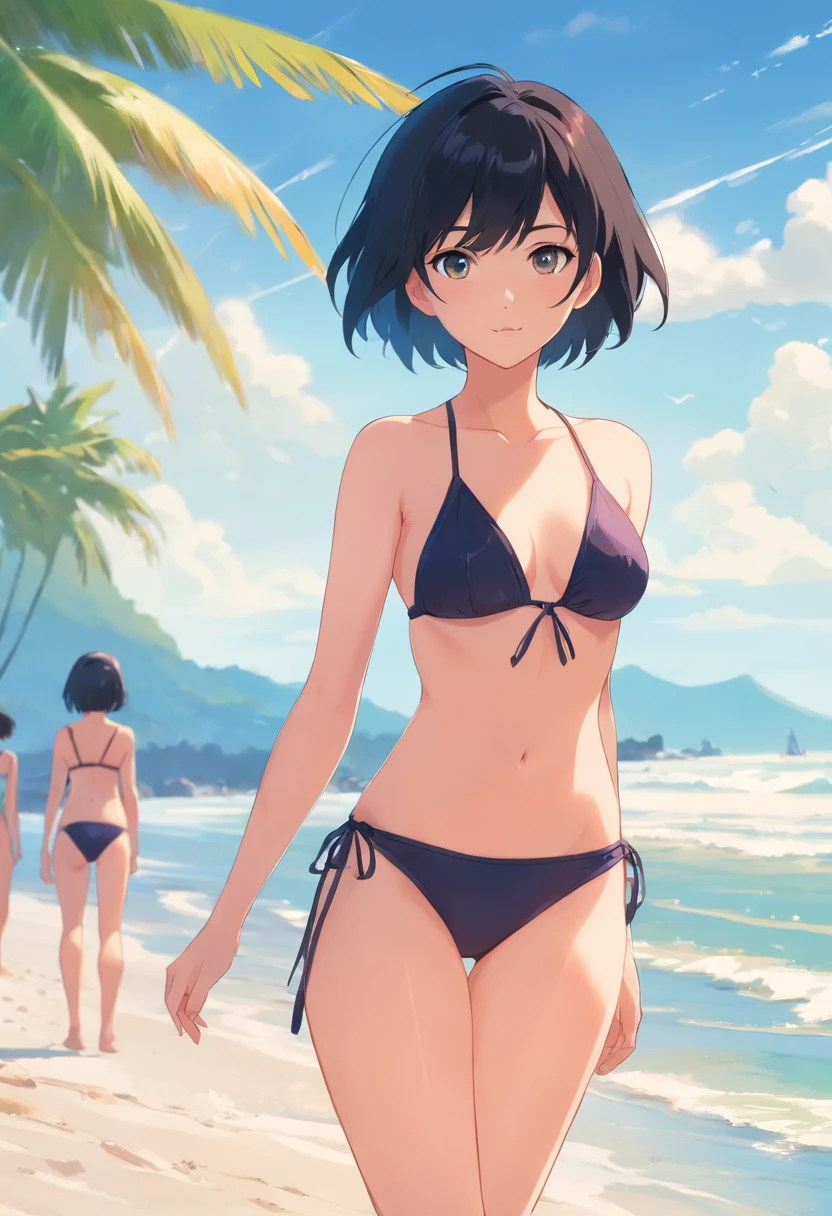 1short hair, black hair girl in bikini on the beach