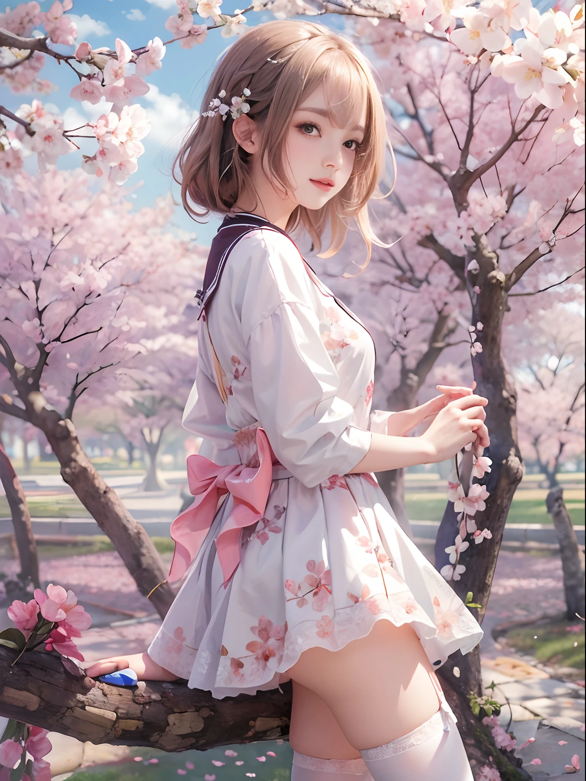 (Masterpiece), Best quality, high resolution, Highly detailed, Detailed background, Perfect lighting, En plein air, 1girll, cherry blossom in full bloom，White stockings