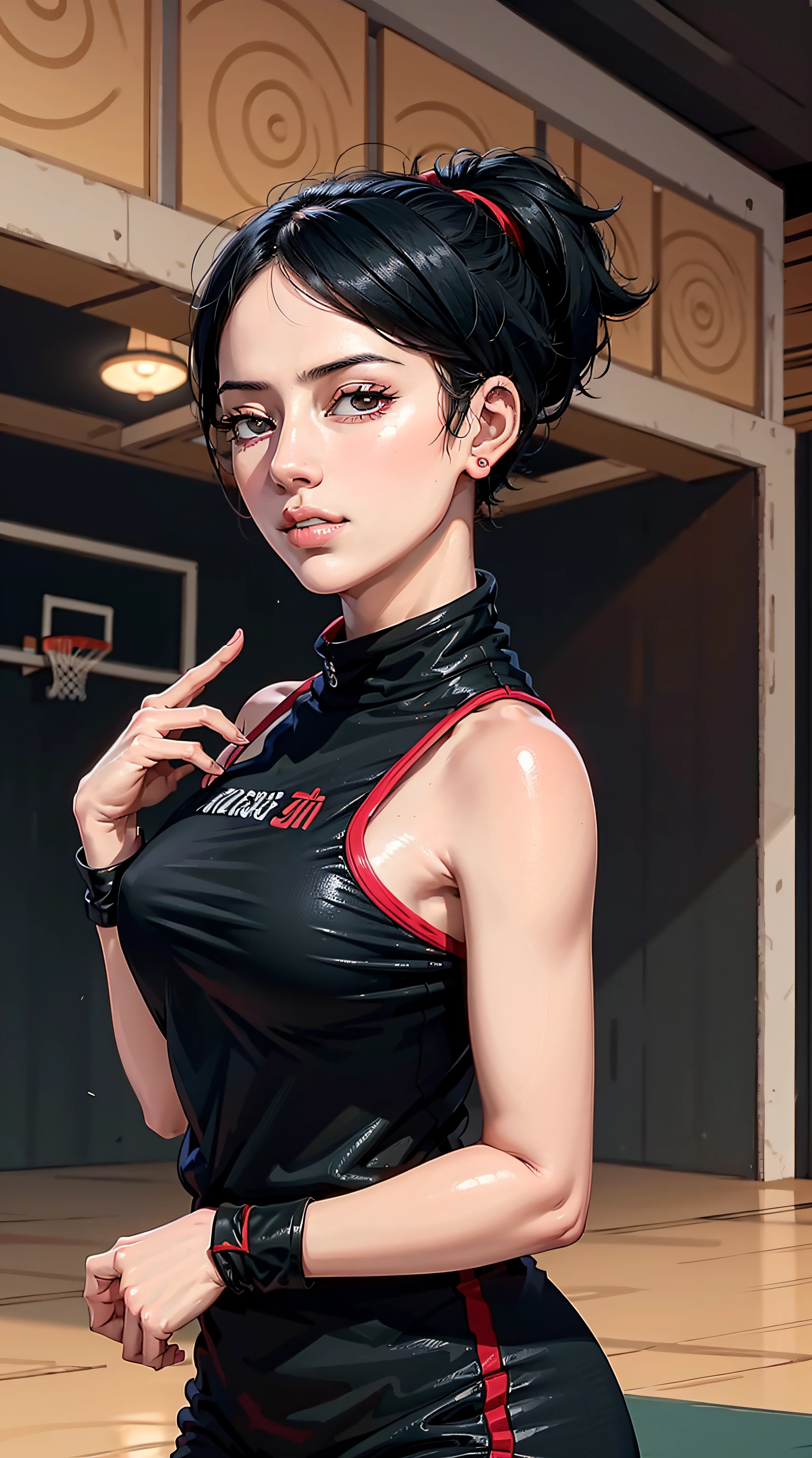 uchiha sarada, black hair, short hair, ponytail, beautiful, beautiful woman, perfect body, perfect breasts, wearing a basketball jersey, on the basketball court, holding a basketball, basketball hoop, looking at the audience, smiling slightly, realism, masterpiece, textured leather, super detailed, high detail, high quality, best quality, 1080p, 16k