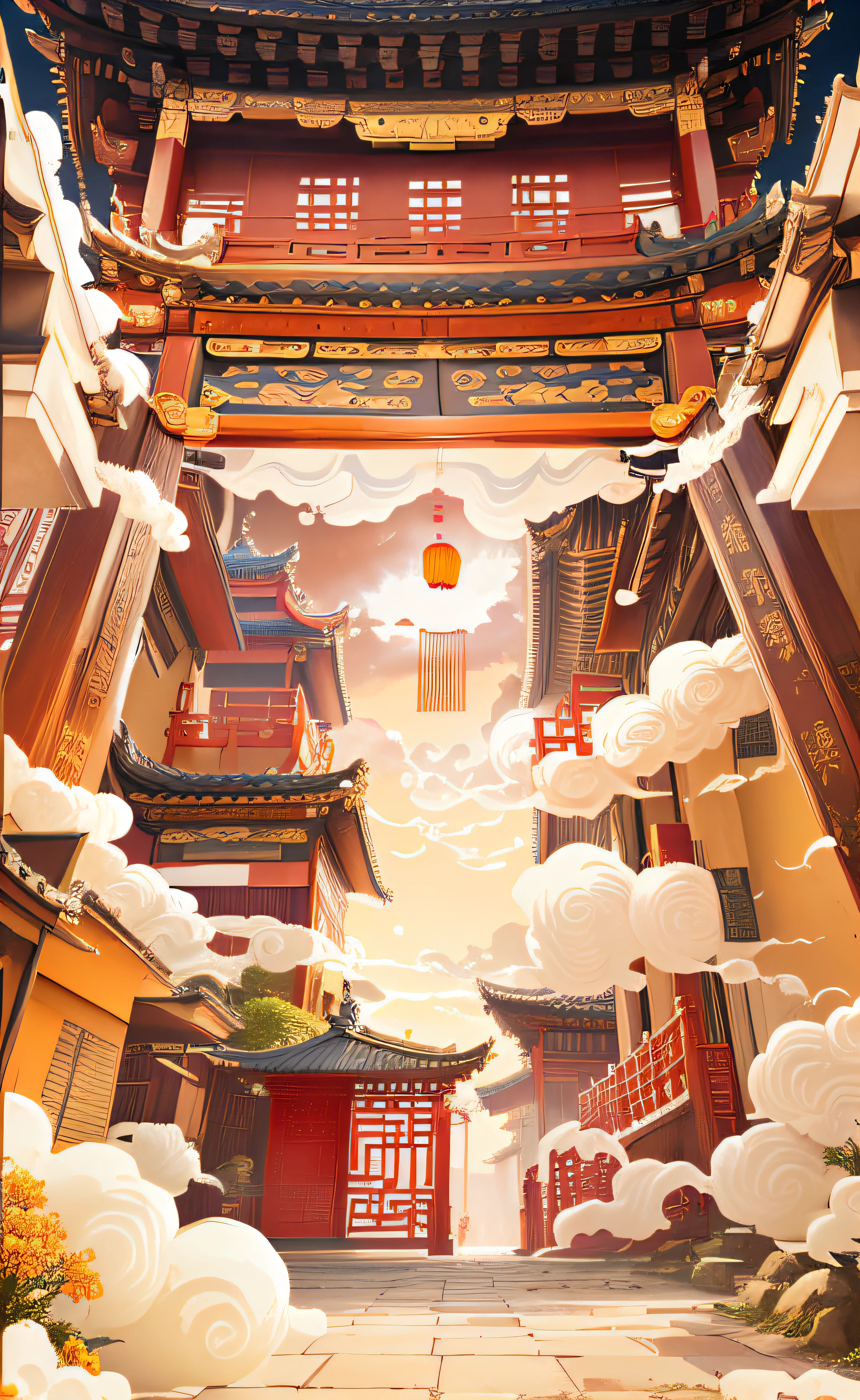 HD/A Chinese-style building with an open door with strong perspective, orange-yellow sky in the background, and many auspicious clouds around the picture