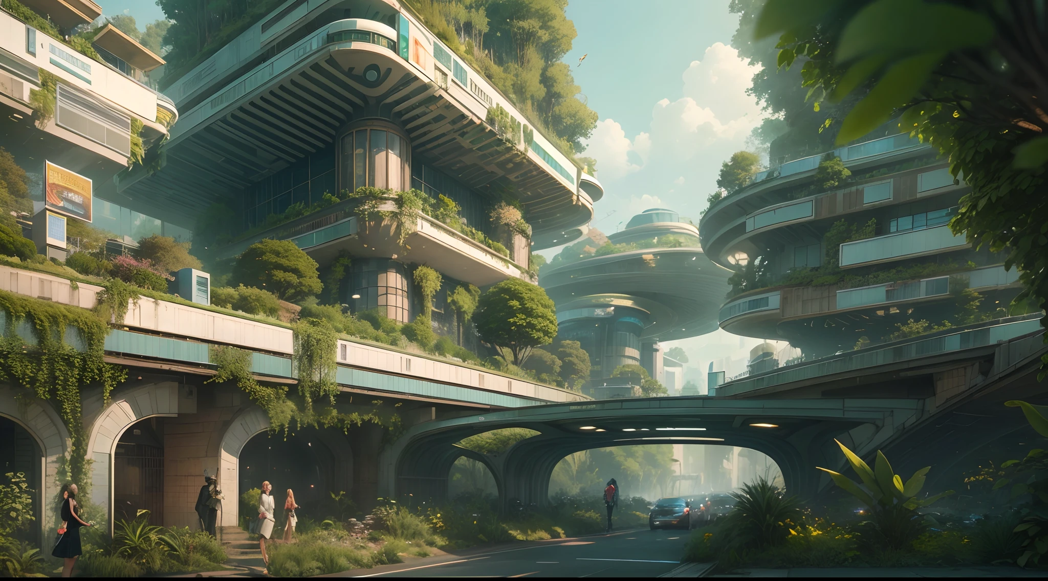 Futuristic city streets, There are smart forest cities, This is a botanical garden in a modern city. It is built on the Mayan heritage and its connection to nature and the sacred world. Nature and the urban environment are seamlessly intertwined, Create a harmonious organic entity. The scene quality is the highest, The resolution is 4K or 8K, Provides ultra-detailed and realistic visuals. The lighting has been carefully designed，to enhance the overall atmosphere, Emphasize key elements with studio lighting technology. The artwork style should capture the essence of the scene, Incorporate portrait elements, Landscapes, and science fiction，Create unique and captivating visual experiences. The color palette is vibrant and vivid, Combined with rich tonal combinations，Convey a futuristic and organic atmosphere. The main focus is on girls walking down the street, Should have beautiful and delicate eyes, Lips, and face, As well as long eyelashes. Her appearance is stylish and modern, Stand out in a futuristic cityscape. The streets are lined with lush greenery, Trees and plants blend seamlessly into the urban environment. Smart Forest City exudes a sense of harmony and tranquility, The sounds of nature blend in with the bustling city life. The urban architecture showcases the fusion of modern technology and organic elements, Blends seamlessly with the surrounding vegetation. The scene is full of small details, Such as holographic billboards, Flying vehicles, And futuristic technology, Increase the depth and complexity of your artwork. The overall composition should convey a sense of awe and wonder, Capture the beauty and grandeur of Smart Forest City.