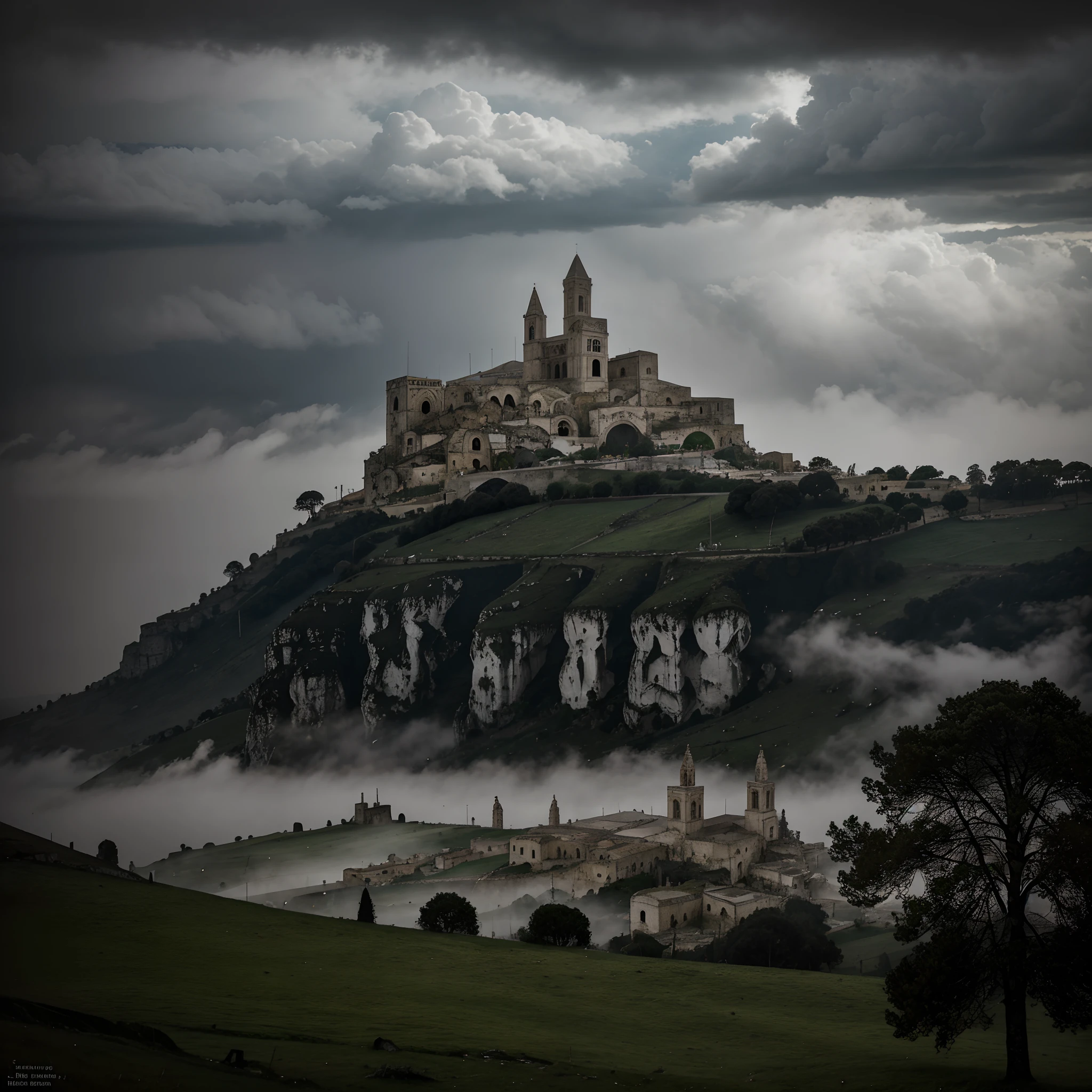 The Cathedral of Matera in background. Rainy day. Dramatic lighting. Dark clouds in the sky. A forest surrounded by fog.