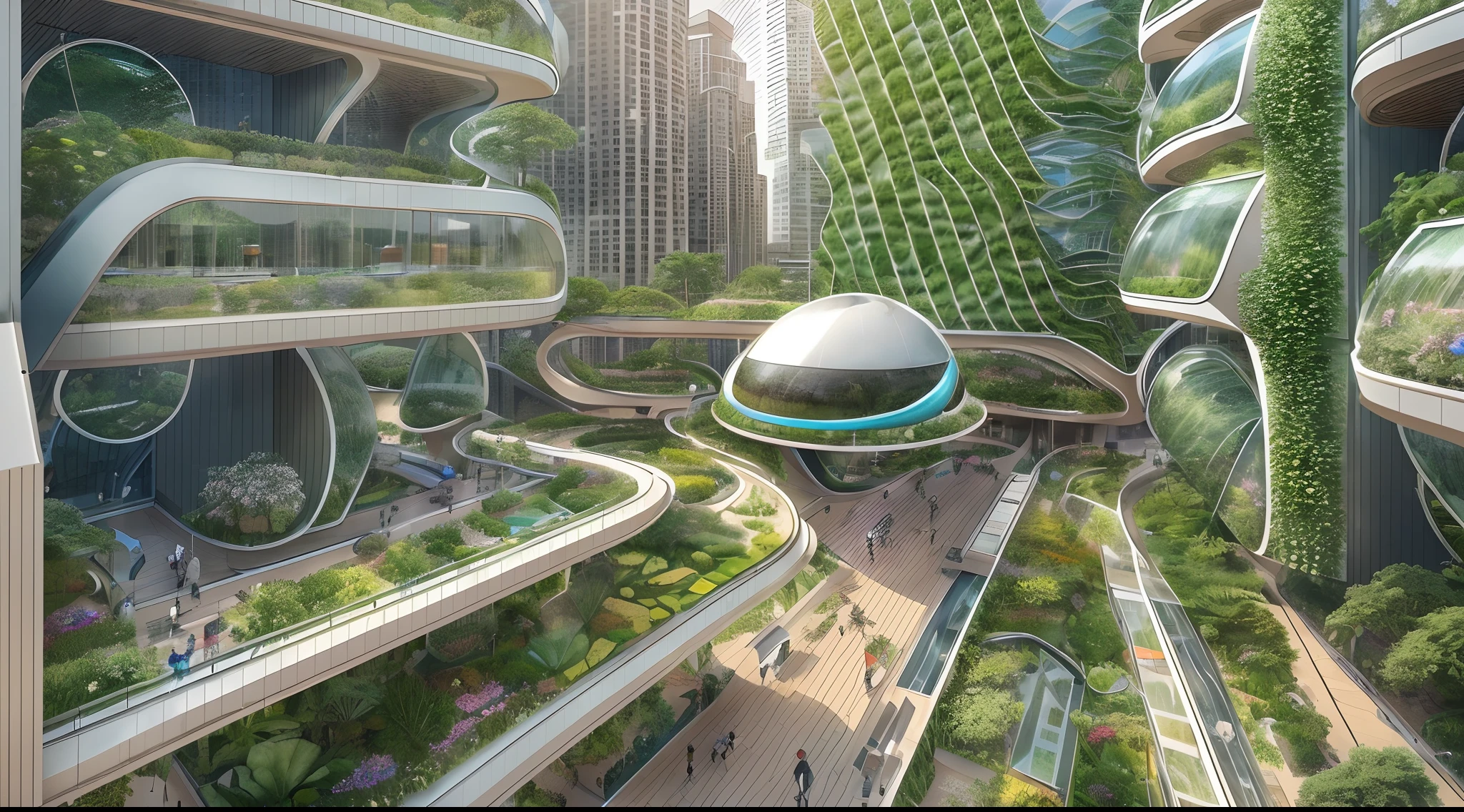 (best quality,4k,8k,highres,masterpiece:1.2),ultra-detailed,(realistic,photorealistic,photo-realistic:1.37),wide-angle lens, futuristic city, smart forest city, intelligent urban landscape,Mayan heritage, interplay between nature and the sacred world, organic integration of nature and urban elements, streets of the future, a modern city, botanical garden, vegetation intertwined with the cityscape, harmonious synthesis, futuristic architecture, advanced technology, lush greenery, futuristic skyscrapers, vibrant colors, nature-inspired design, intelligent infrastructure, sustainable development, clean energy, advanced transportation system, floating gardens, high-tech buildings, interconnected ecosystems, urban biodiversity, high-tech urban planning, intelligent lighting system, lively atmosphere, futuristic transportation modes (flying cars, maglev trains), aerial walkways, transparent domes, innovative urban farming, vertical gardens, holographic displays, augmented reality integration, futuristic fashion, high-tech gadgets, diverse cultural influences, bustling city life