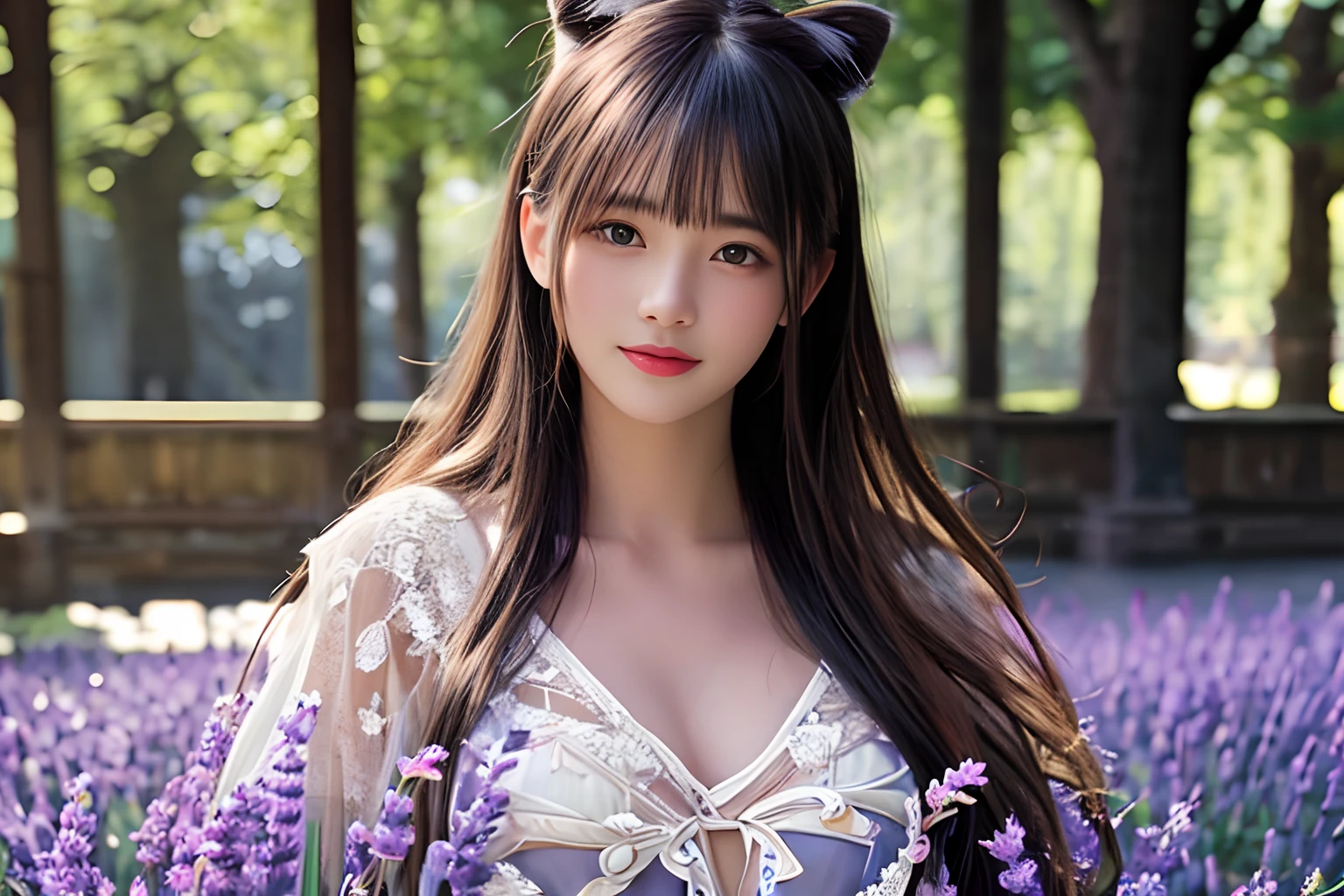 (high-level image quality),(hight resolution),Portrait, Highly detailed background, FULL BODYSHOT, Young Woman, Well-shaped facial features,Nice body,Sea of Lavender Flowers, Dog, Long hair, Blue eyes, Smile, Warmth, Golden light, Soft shadows, Trees overhead々, 8K, ultra detailed texture, Dramatic Lighting, outlines, furr, Atmospheric light intensity, Depth, Dimensions, Shallow depth of field, Film still image quality, Beauty, Nature, Fine Art Fashion Editorial Collection, unreal enginee 5,((fullnude)),(Whole body),