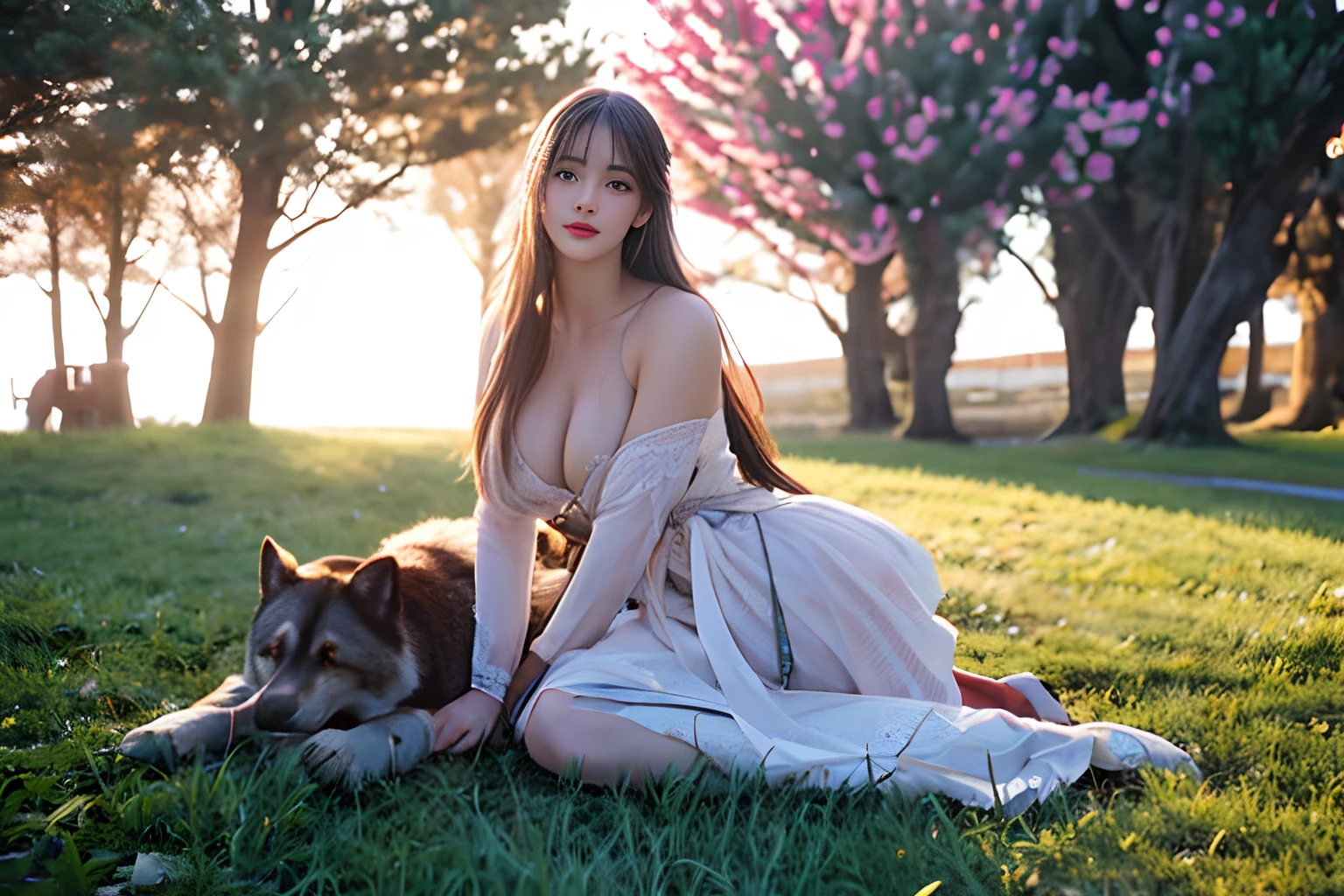 (high-level image quality)，(hight resolution)，Portrait, Highly detailed background, FULL BODYSHOT, Young Woman, Well-shaped facial features，Nice body，Sea of Lavender Flowers, Dog, Long hair, Blue eyes, Smile, Warmth, Golden light, Soft shadows, Trees overhead々, 8K, ultra detailed texture, Dramatic Lighting, outlines, furr, Atmospheric light intensity, Depth, Dimensions, Shallow depth of field, Film still image quality, Beauty, Nature, Fine Art Fashion Editorial Collection, unreal enginee 5，((fullnude))，(Whole body)，