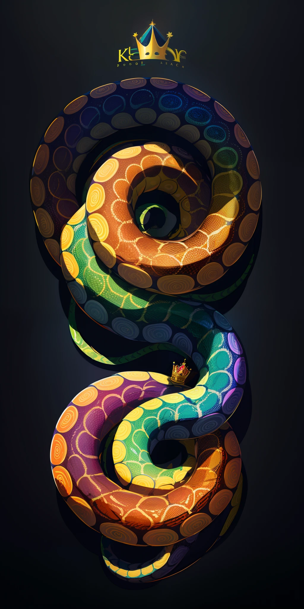 Rainbow Pythons coiled around a king sleeping, for a logo, vector detailed illustration,