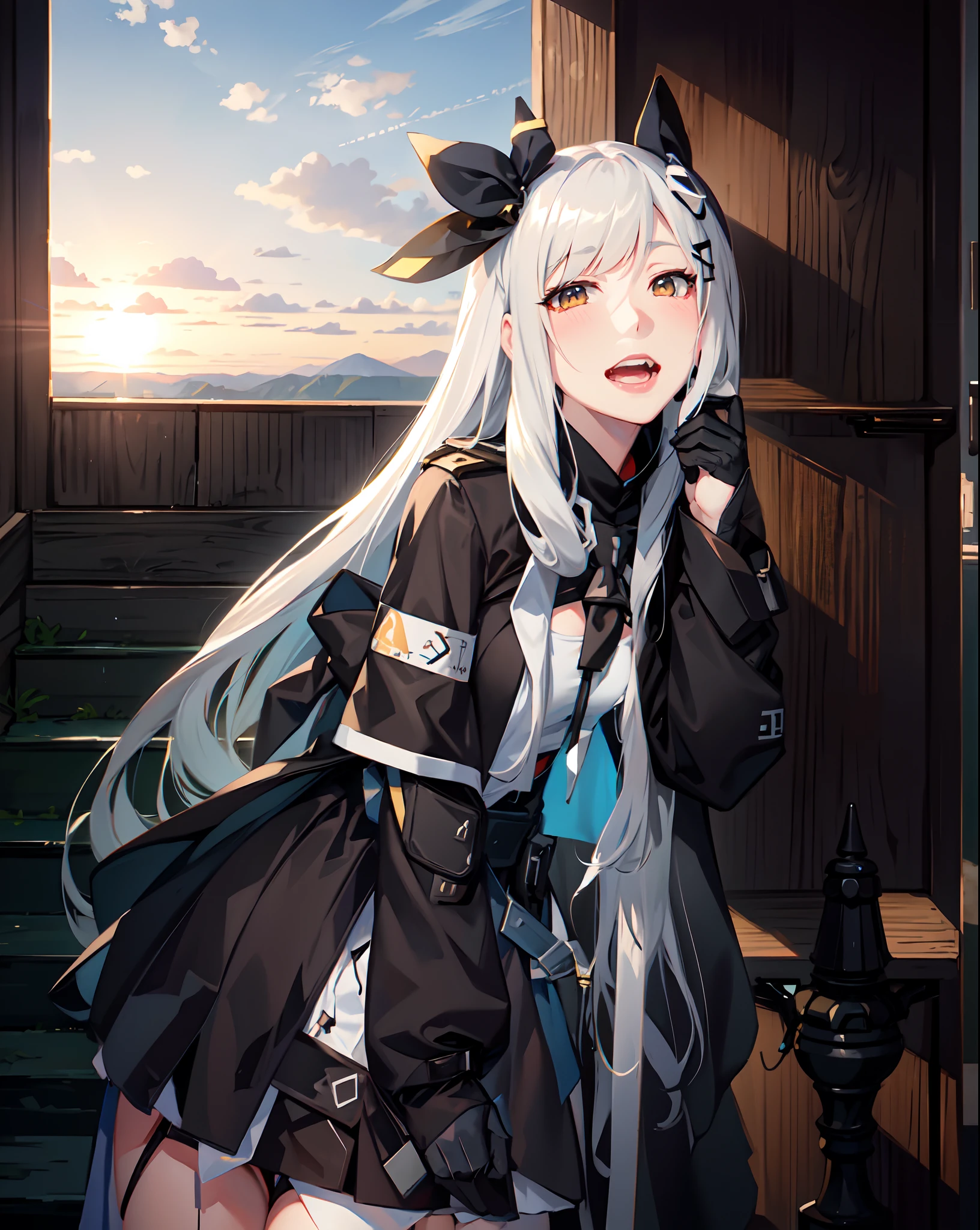 keqingdef, upper body, smile, blush, outdoors, day, simple background, blue sky, short hair, sky, temple, looking at viewer, stairs, mountain, moody lighting, facing viewer, anime girl with long gray hair posing in front of a window, anime girl cosplay, anime cosplay, with white long hair, girls frontline style, with long silver hair, from girls frontline, kantai collection style, cosplay, sakimichan, from arknights, shikamimi, white hime cut hairstyle
