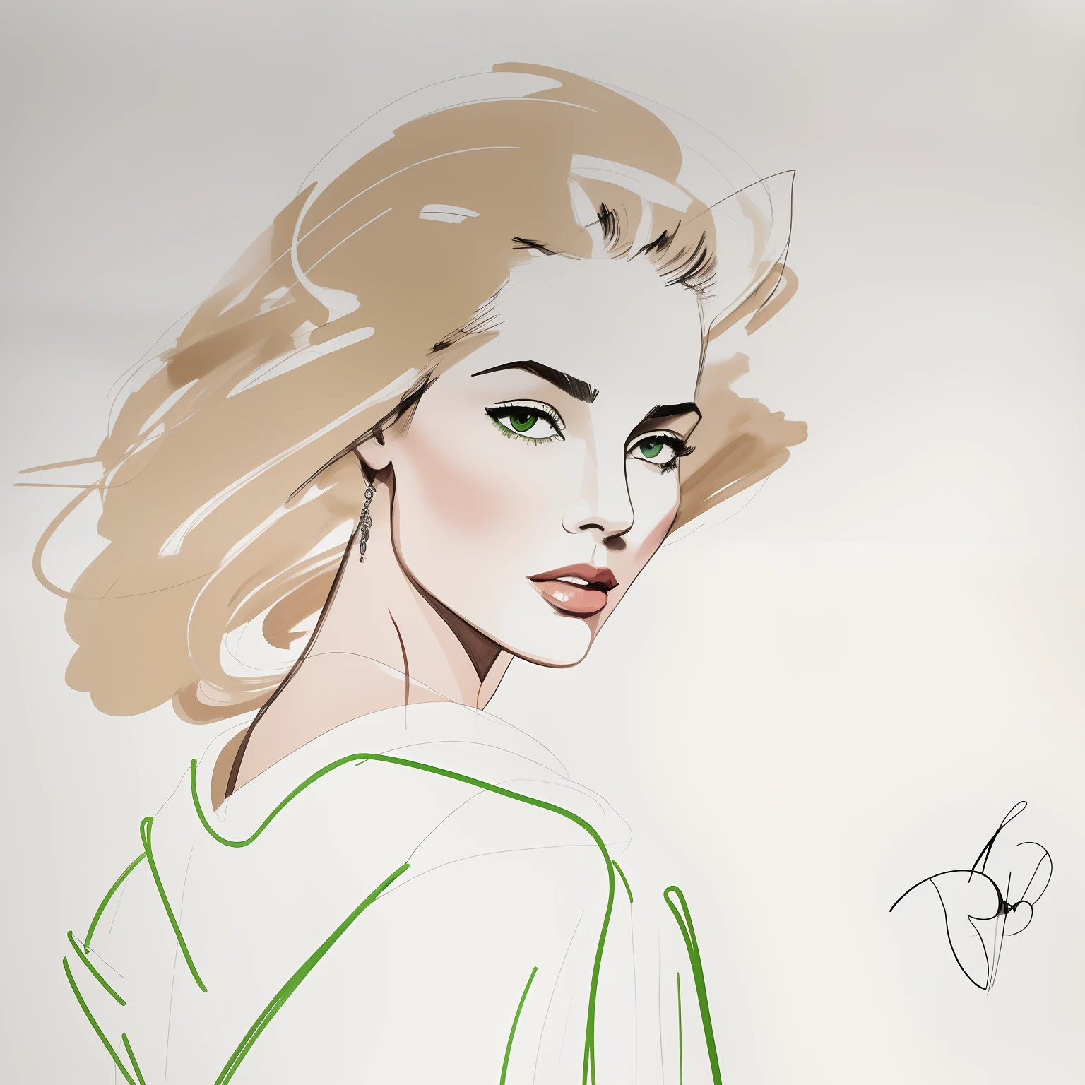 David downton fashion illustration, mustafa soydan drawing, line art sketch on a white background, beautiful 1woman face portrait, slim figure, jacket, natural color, rose color, gentle green, beige