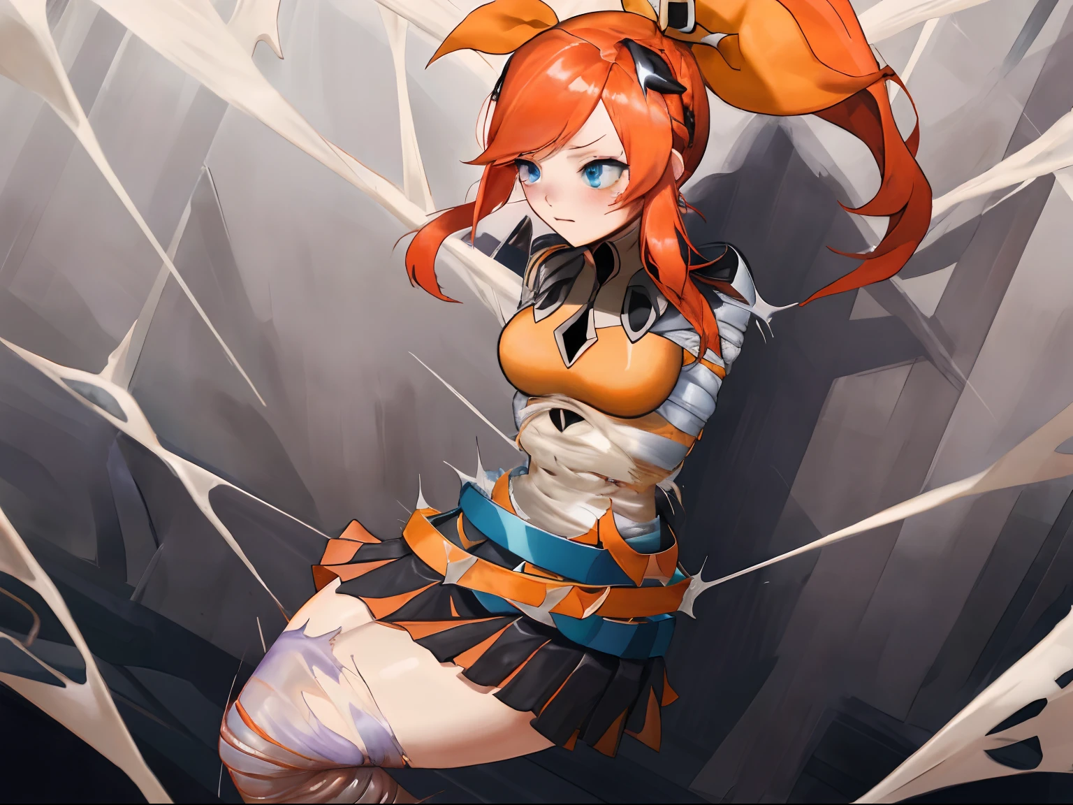 (battle academia lux), league of legends, 1girl, blue eyes, solo, black skirt, orange shirt, breasts, long hair, ponytail, red hair, hair ribbon, gloves, belt,bound, restrained, silk, spider web, breast exposed, suspended, torn damaged, breast esposted, (cocoon:1.2), caught in the spider web