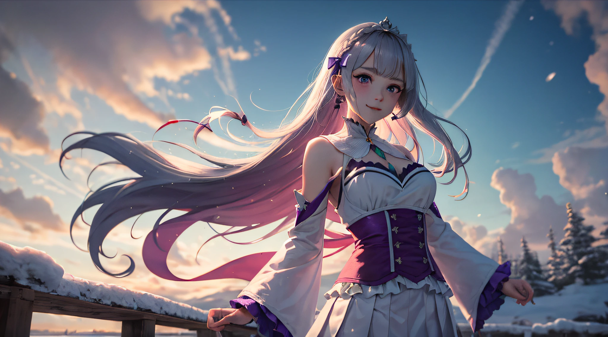 top-quality、A high resolution、ultra - detailed、Emilia、Emilia masterpiece、top-quality、 1girl in, By bangs, Bare_bshoulders, blunt_bangs, bblurry, Blurry_Background, Blurry_foreground, Red blush, Braids, nedium breasts, nedium breasts, Closed_Mouth, ​​clouds, diadems_Braid, tag, Depth_Show on the_Field, Detached_Sleeves, doress, Emilia_\(re:Overnight accommodation\), Eyebrows_Visible_Through_Hair, florals, Pedras preciosas, Hair_flower, Hair_ornament detached, Unilateral hair_bow ribbon, lens_F Lal, Long_Hair, up looking_big breasts and big breasts_peeping at the viewer, low tied_Long_Hair, mediating_Breasts, One_eye_Closed, En plein air, Pleats_Skirt, spiky_hor ears, purple_Eyes, purple_bow ribbon, bow ribbon, Silver_Hair, skirt by the, Skysky, A smile, 独奏, Very_Long_Hair, White_flower, Frozen, snowstorm, Purple eye,