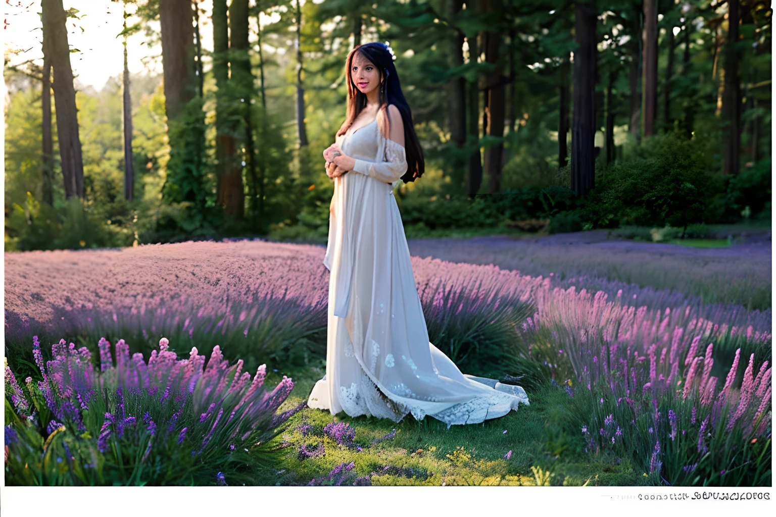(high-level image quality)，(hight resolution)，Portrait, Highly detailed background, FULL BODYSHOT, Young Woman, Well-shaped facial features，Nice body，Sea of Lavender Flowers, Dog, Long hair, Blue eyes, Smile, Warmth, Golden light, Soft shadows, Trees overhead々, 8K, ultra detailed texture, Dramatic Lighting, outlines, furr, Atmospheric light intensity, Depth, Dimensions, Shallow depth of field, Film still image quality, Beauty, Nature, Fine Art Fashion Editorial Collection, unreal enginee 5，((fullnude))，(Whole body)，