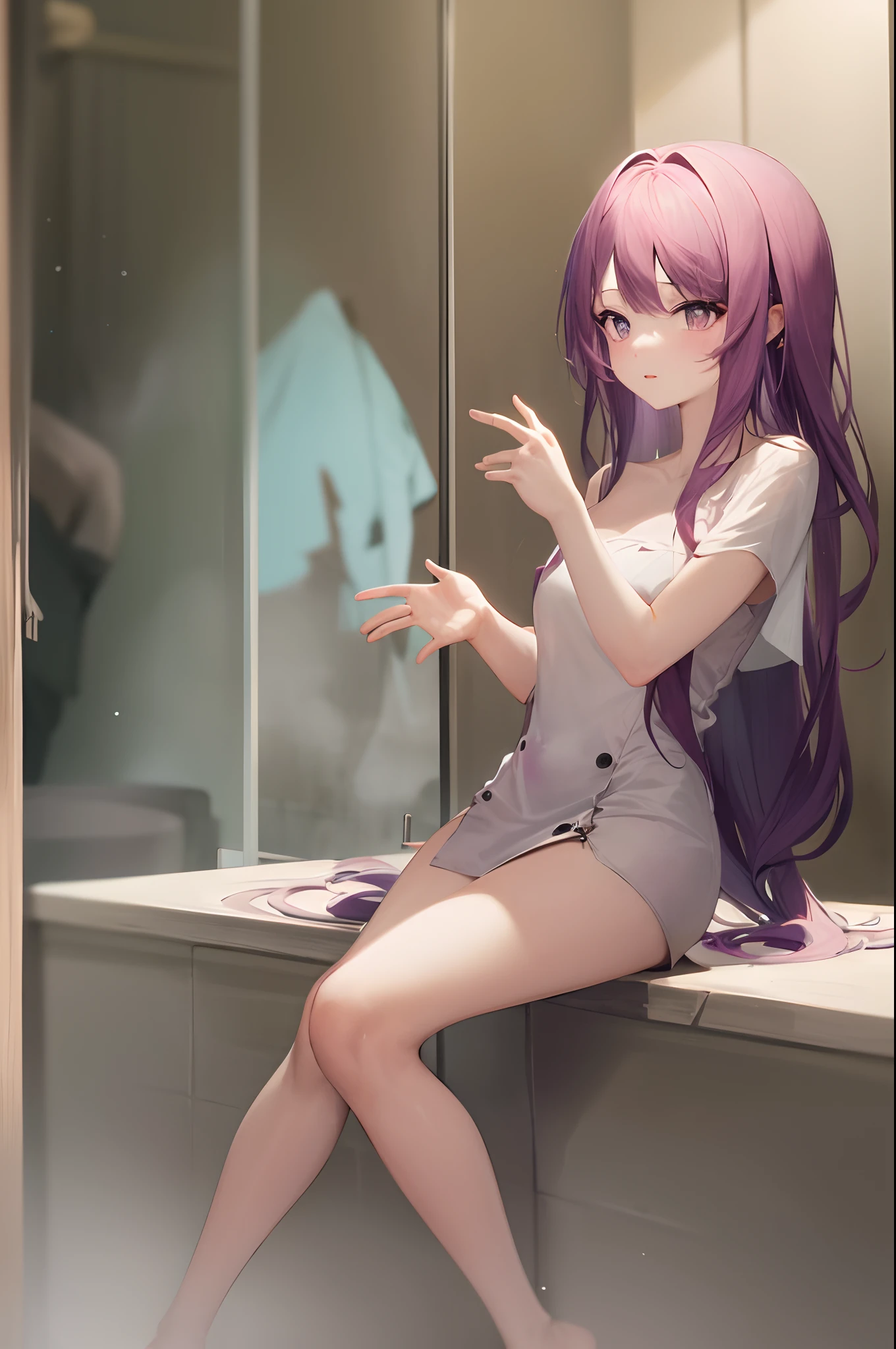 Anime girl with long light purple hair, wearing a bath towel in the bathroom, epic mage girl character, dark witch character,