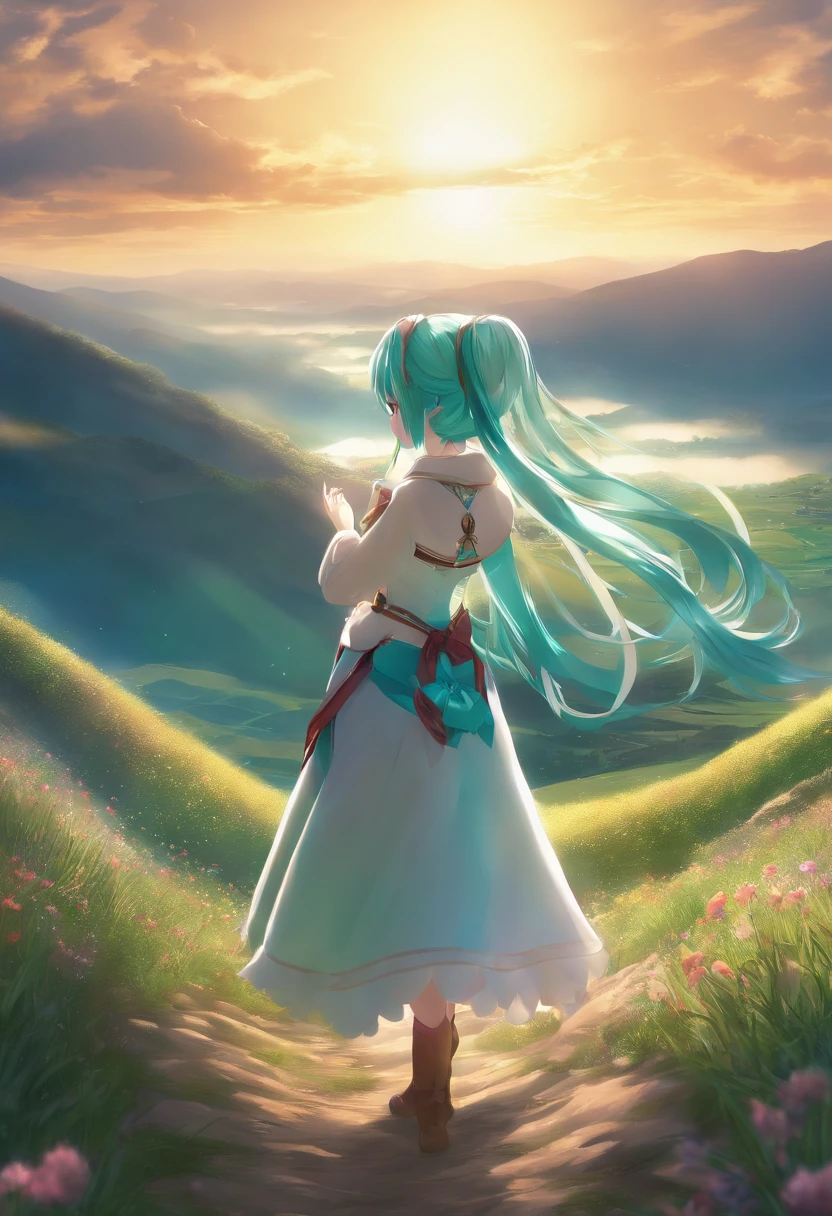 miku hatsune, plural, SHINES, on a hill, angelicales, hight resolution