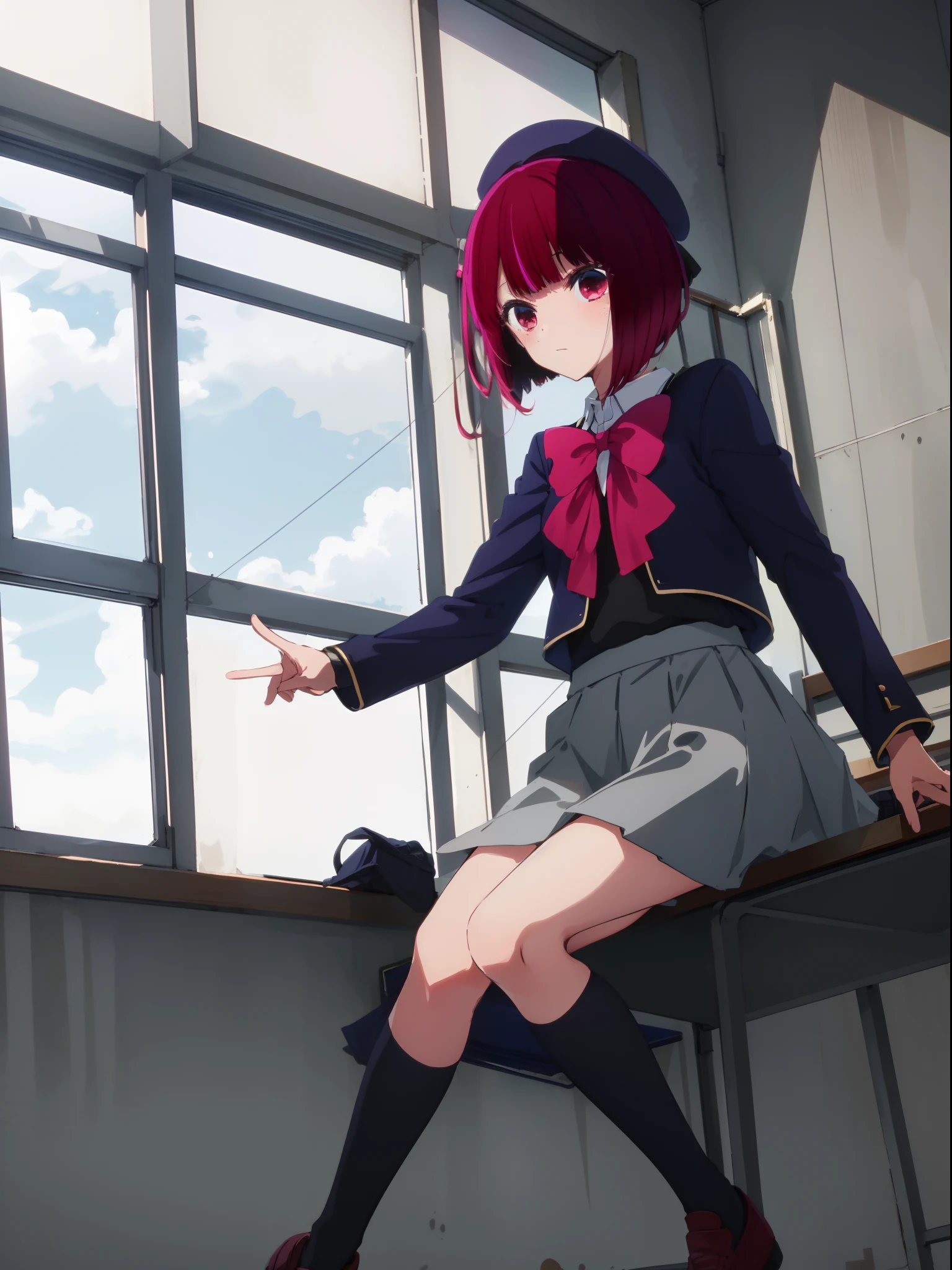 ​masterpiece, hightquality, 8K, beautiful  lighting, arima, pink bowtie, student clothes, Blue jacket,  grey skirt, 1girl in, 独奏, white  shirt, Black socks, sitting on, ‎Classroom,View from the front、cowboy  shot