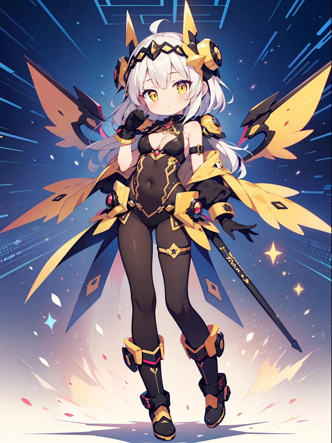 Colorful , masutepiece, Best Quality, 1girl in, li, white hair, long hair, straight haur, yellow eyes, shiny eyes, Black inner suit that sticks to the body, Full body standing picture, petite, looking at left, mechanical hands, Full body tights, ratex, mechanical wings, machanical boots, mechanical headdress, stylish pose, parted lips, expressionless, cyber,electronic, light particles, cleavage cut out, flying, hyper galaxy,