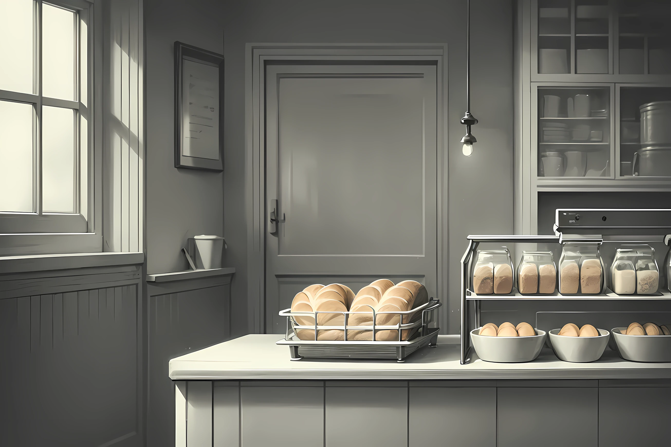 graphite drawing, pencil shading, subtle gradation, monochromatic, detailed textures, fine linework, delicate touch, Fresh bread、Bread machine background、at bakery kitchen, analog film, grainy textures, warm tones, nostalgic atmosphere, organic imperfections, classic charm, timeless aesthetics
