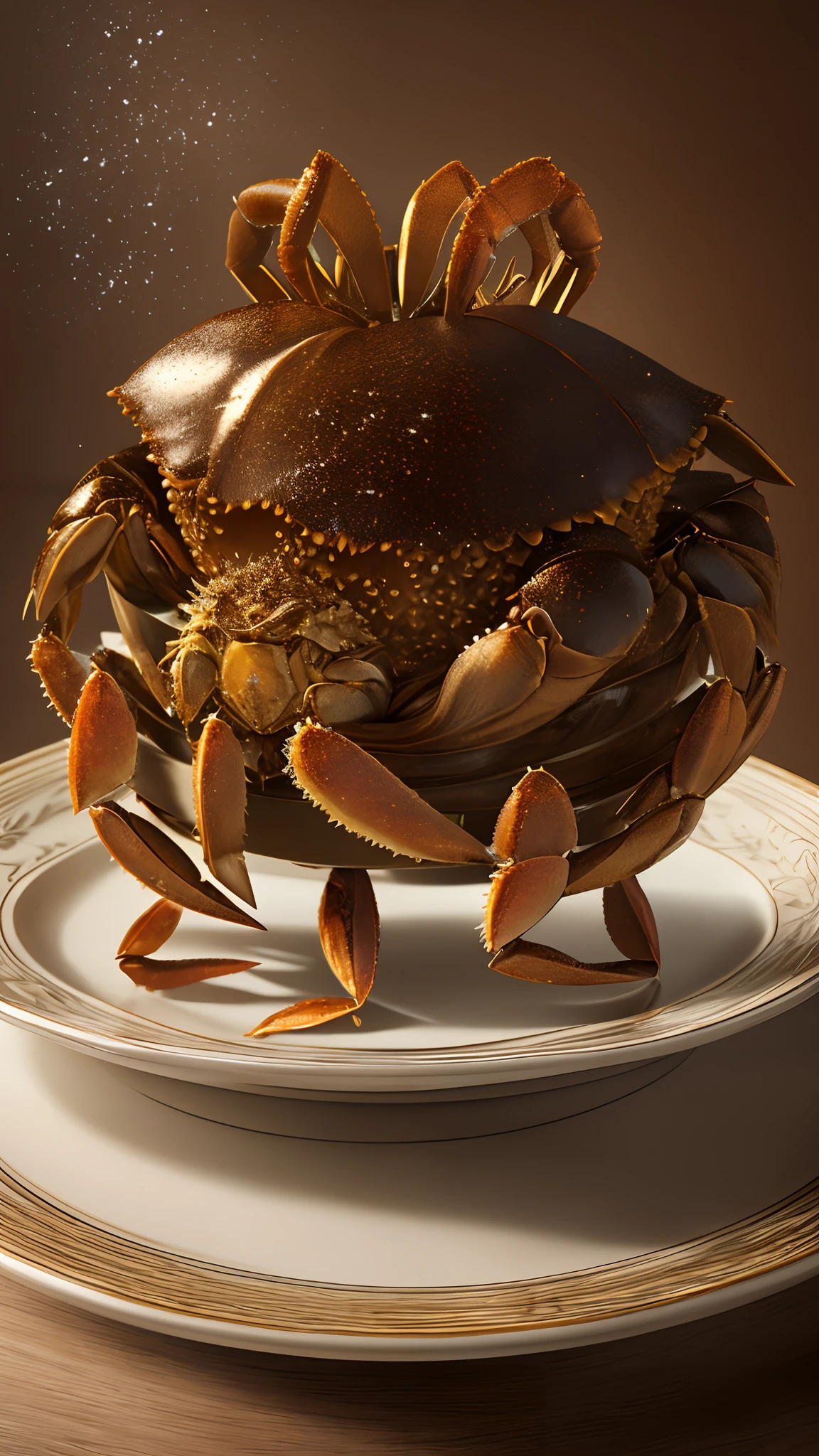 a hairy crab on a plate with osmanthus on top, in the style of caras ionut, li shuxing, gravure printing, cinestill 50d, shilin huang, exacting precision, innovative page design --auto --s2