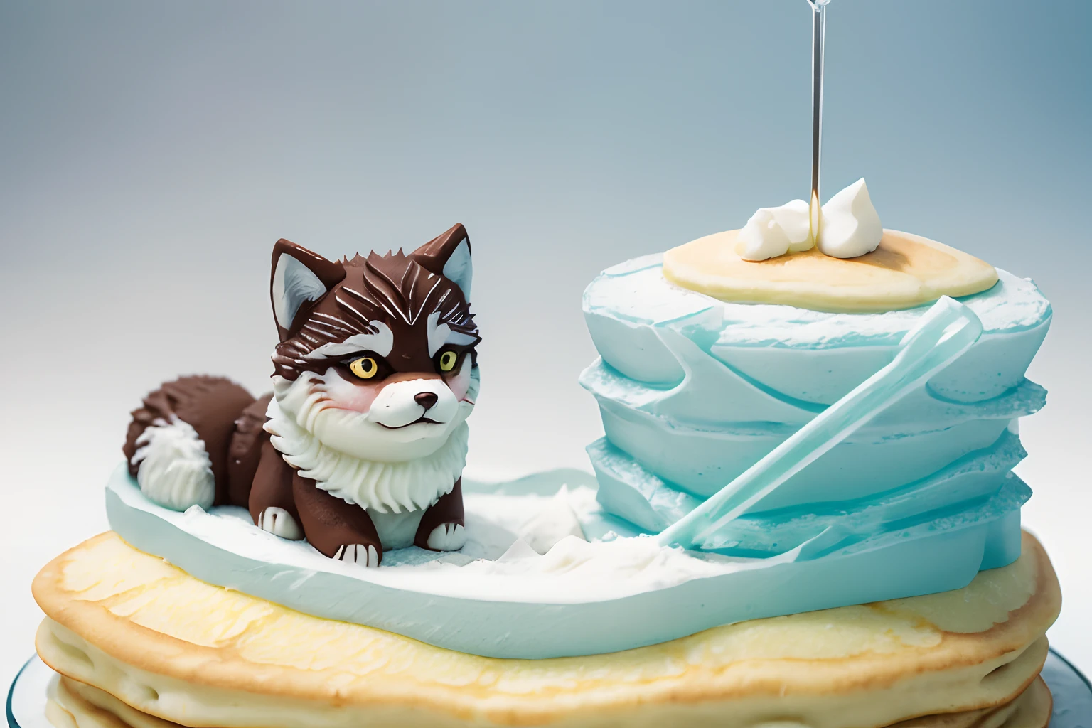 (baking hotcake:1.3), pastel color, (tower of soft pancake), grassland of green sugar powder, (cream of river), (on small ice sculpture of absurdly adorable wolf cub:1.3), ornament chocolate decoration, fantastic spring decoration, break, cinematic, intricate detailed, 8k resolution, highest quality, palette knife and dripping strokes,