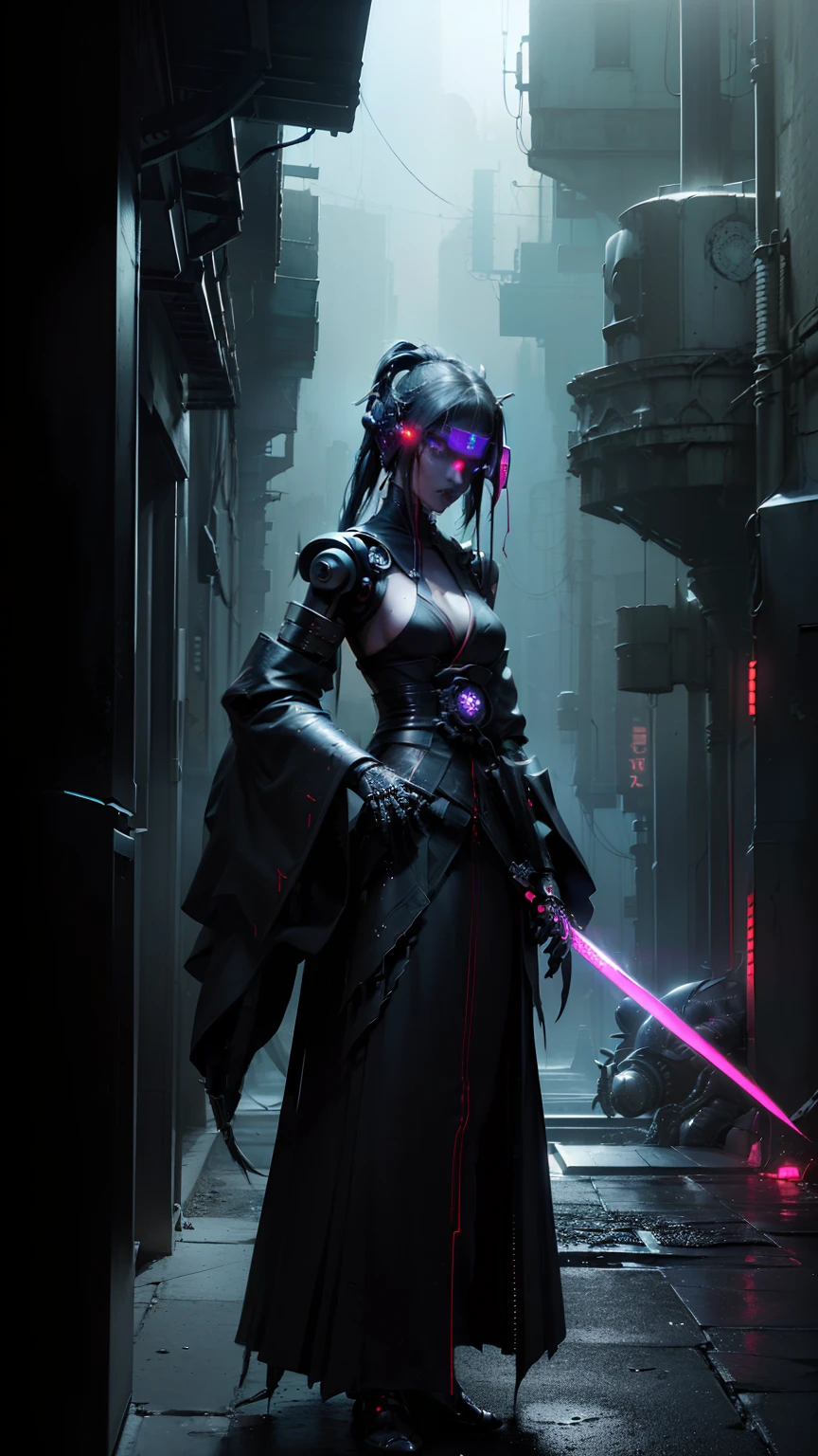 (masterpiece、top-quality、top-quality、Official art、Beautifully Aesthetic:1.2)、、ighly detailed、(Fractal Art:1.3)、、Best Detail Future City, Cyberpunk, Violence, decadence, Future Society, Ocean Sea Artbot (((Best Quality))), ((masutepiece)) Full body, Femme Fatale Cyborg Assassin, (((With countless swords))) With black glossy futuristic mask, Dark grey metal body armor, Wear ((Traditional black kimono, Neofuturistic visual aesthetics, ((Perfect robotic eyes)) ((perfect symmetry)),, dark palette, Black Neon Tips, Neo Noir Metal Body Frame Dark Neo Noir Cyber, The composition is dark & A future with a retro 80s retro twist & Visual aesthetics of synthwave, Sci-fi horror, Dark sci-fi horror overtones, Dark apocalyptic building dark ominous clouds, Dystopian atmosphere, Dash's (Dark pulp surrealism), Undeservedly beautiful, cgsociety, Low fidelity dark grunge core, neon noire, Apocalypse Art, Dystopian Art, Sabatier Filter, Cinematic lighting, dieselpunk, Black ink splatters and oil grunge, enigmatic, Forbidden art, Perfect composition, Fits within the frame, Strangely ominous, Nightmare fuel, Intricate details,Neon Horror St...................3D Unreal Engine Rendering, A dark story is unfolding, Close up portrait of a person with sword and armor, cyberpunk samurai, ArtGerm Craig Mullins, craig mullins style, Craig Mullins Necro, epic sci-fi character art,skeletal、canny、multiple arms、Unpleasant tentacles、an alien、Beautifully Aesthetic:1.2)、(1girl in)、