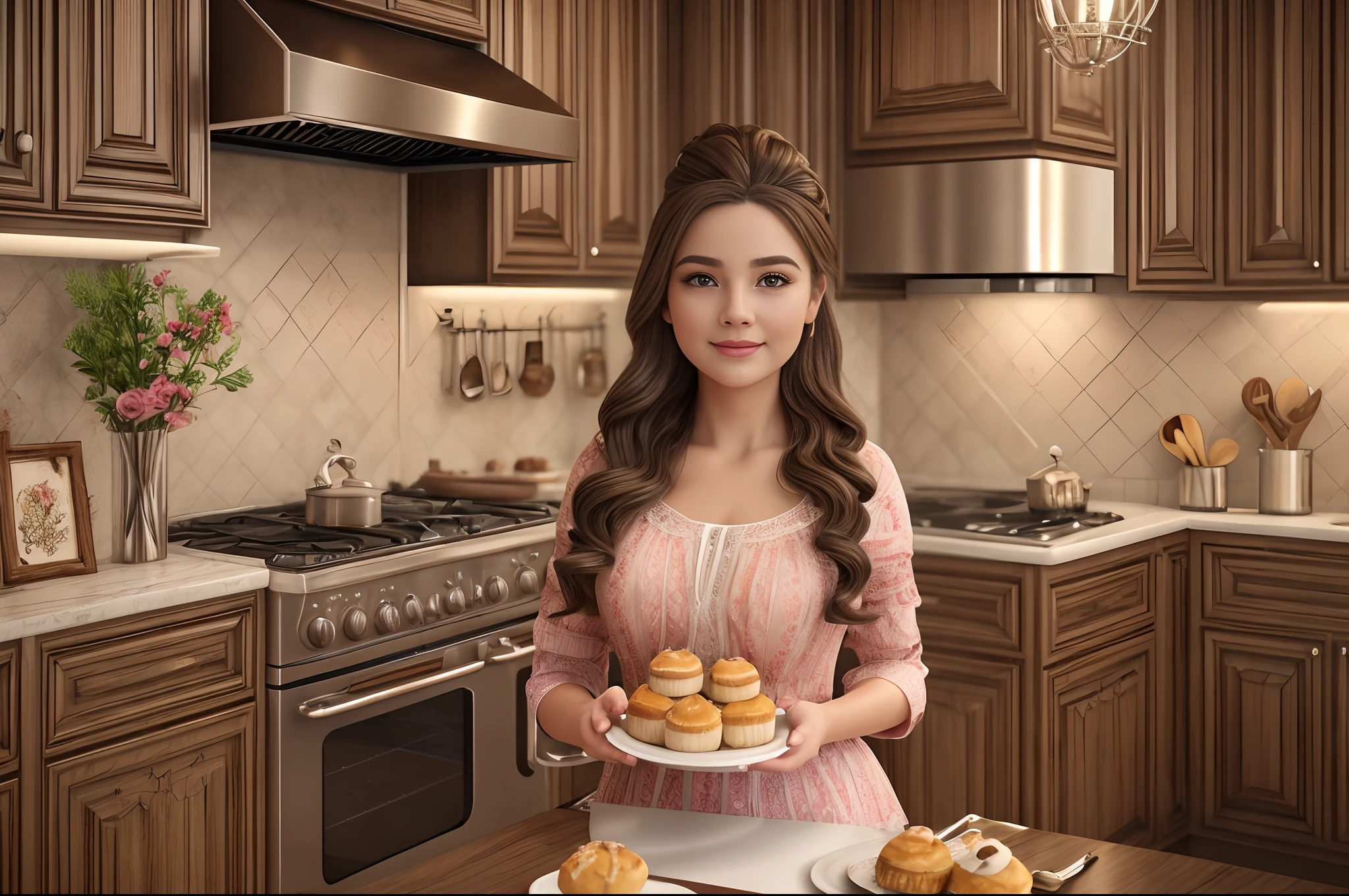a girl baking in a cozy kitchen, beautiful detailed eyes, beautiful detailed lips, long eyelashes, professional pastry chef, 3D rendered illustration, high quality rendering, ultra-detailed oven and utensils, vibrant colors, warm and inviting lighting, mouthwatering desserts, exquisite details in the ingredients and decorations