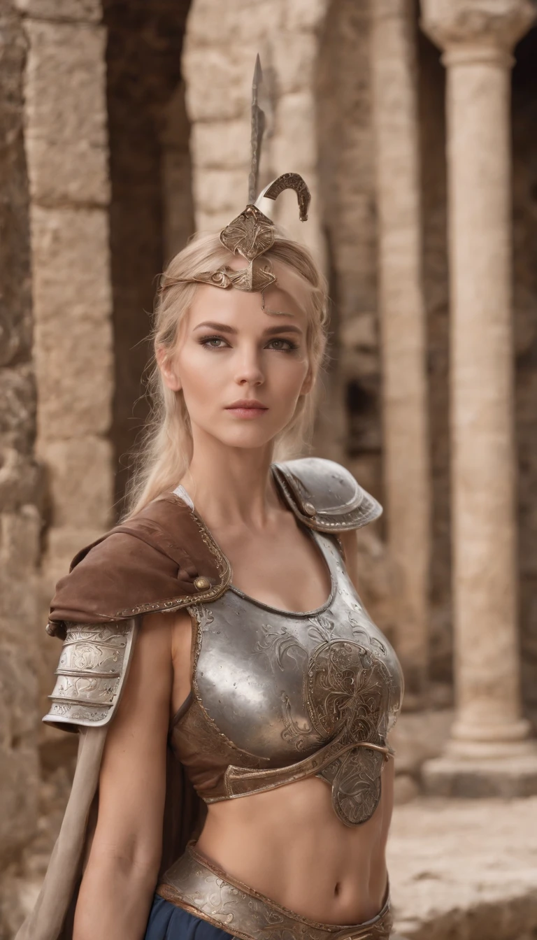 Pose seated, legs spread. Panties are visible through the armour on the lower half of her body. Upper body creates the image of a female warrior with bikini and shining sword. Her expression is a smile. Give this image feminine charm and courage. Next, combine accessories such as a warrior costume designed to emphasise body lines, metal accents to create a combative atmosphere, reeds, a silver or gold headpiece and a lapis necklace with matching rings and earrings. Finally, the female warrior vibe is imbued with sharp eyeliner and dark eye shadow. The photo shoot takes place in the courtyard of an abandoned castle. In the background are the crumbling castle walls, an upside-down flag and stone statues that evoke a sense of history. This is a location where female warrior cosplay can be seen in an atmosphere of history and mystery.