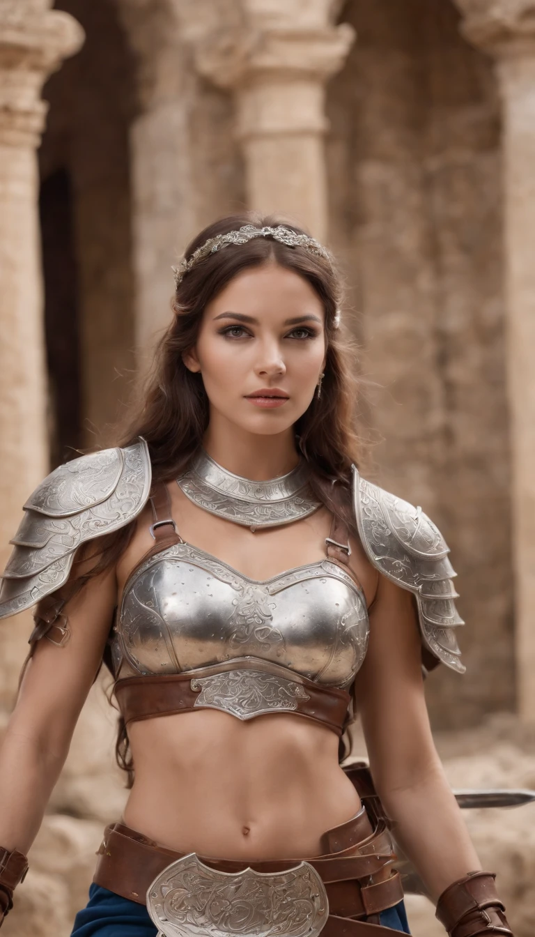 Pose standing , legs spread. Panties are visible through the armour on the lower half of her body. Upper body creates the image of a female warrior with bikini and shining sword. Her expression is a smile. Give this image feminine charm and courage. Next, combine accessories such as a warrior costume designed to emphasise body lines, metal accents to create a combative atmosphere, reeds, a silver or gold headpiece and a lapis necklace with matching rings and earrings. Finally, the female warrior vibe is imbued with sharp eyeliner and dark eye shadow. The photo shoot takes place in the courtyard of an abandoned castle. In the background are the crumbling castle walls, an upside-down flag and stone statues that evoke a sense of history. This is a location where female warrior cosplay can be seen in an atmosphere of history and mystery.