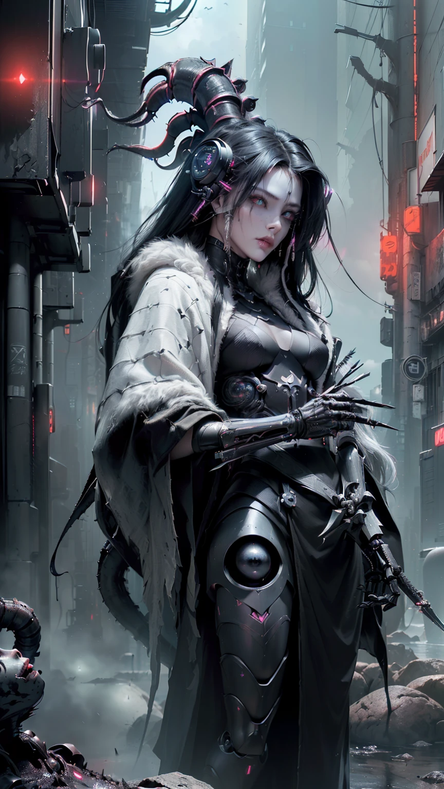 (masterpiece、top-quality、top-quality、Official art、Beautifully Aesthetic:1.2)、、ighly detailed、(Fractal Art:1.3)、、Best Detail Future City, Cyberpunk, Violence, decadence, Future Society, Ocean Sea Artbot (((Best Quality))), ((masutepiece)) Full body, Femme Fatale Cyborg Assassin, (((With countless swords))) With black glossy futuristic mask, Dark grey metal body armor, Wear ((Traditional black kimono, Neofuturistic visual aesthetics, ((Perfect robotic eyes)) ((perfect symmetry)),, dark palette, Black Neon Tips, Neo Noir Metal Body Frame Dark Neo Noir Cyber, The composition is dark & A future with a retro 80s retro twist & Visual aesthetics of synthwave, Sci-fi horror, Dark sci-fi horror overtones, Dark apocalyptic building dark ominous clouds, Dystopian atmosphere, Dash's (Dark pulp surrealism), Undeservedly beautiful, cgsociety, Low fidelity dark grunge core, neon noire, Apocalypse Art, Dystopian Art, Sabatier Filter, Cinematic lighting, dieselpunk, Black ink splatters and oil grunge, enigmatic, Forbidden art, Perfect composition, Fits within the frame, Strangely ominous, Nightmare fuel, Intricate details,Neon Horror St.................3D Unreal Engine Rendering, A dark story is unfolding, Close up portrait of a person with sword and armor, cyberpunk samurai, ArtGerm Craig Mullins, craig mullins style, Craig Mullins Necro, epic sci-fi character art,skeletal、canny、multiple arms、Unpleasant tentacles、an alien