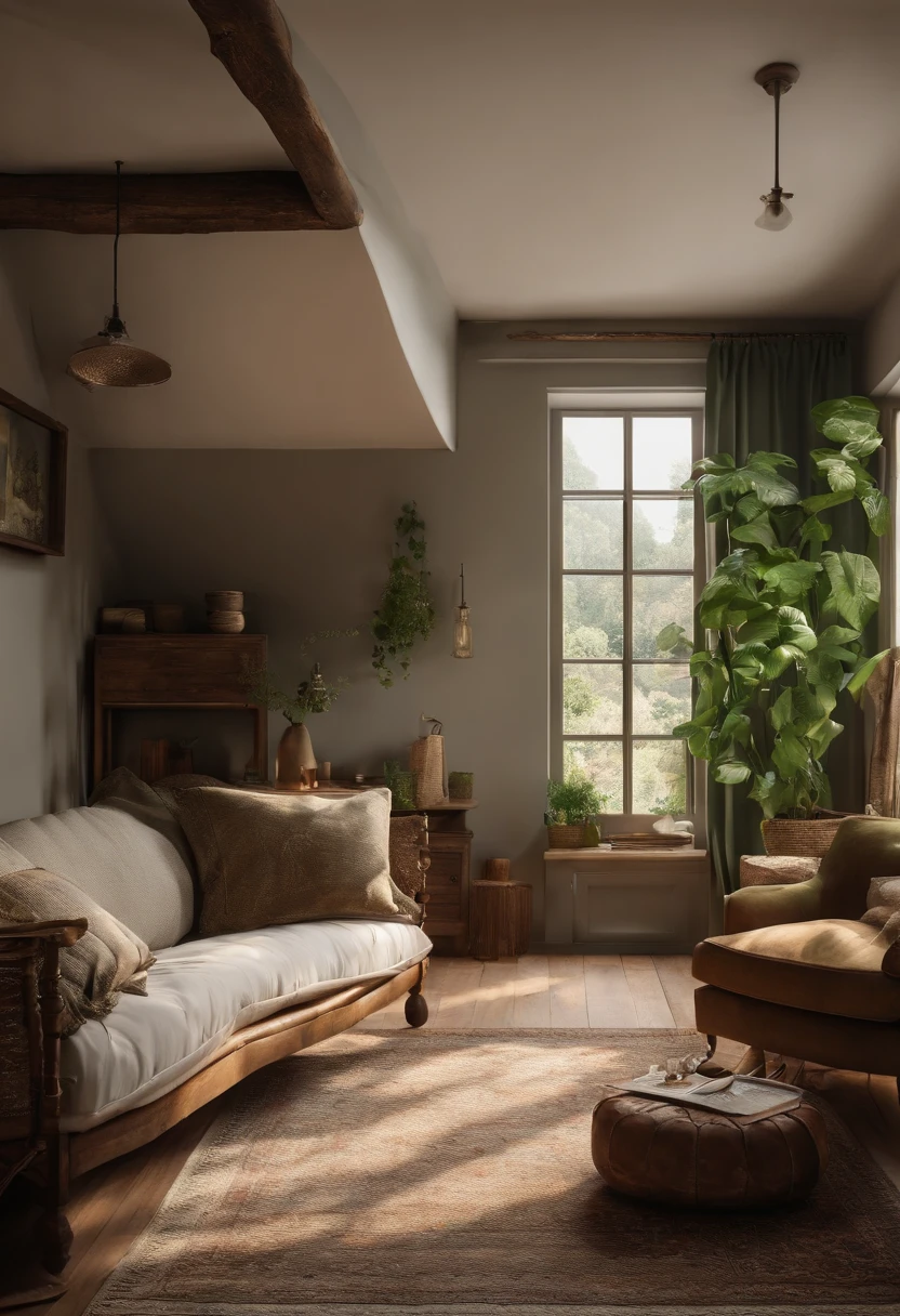 simple bedrooms，Different shooting angles in the same living room，Cozy cottage，، simple，With a hint of wood，k hd，Off-white main color，A little green