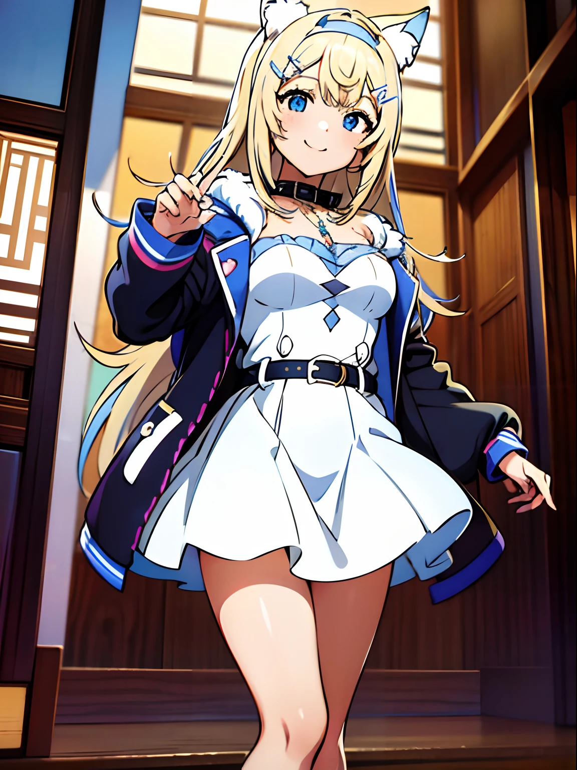 masterpiece, best quality, absurdres, perfect anatomy, fuwawa_abyssgard, full body, animal ears, animal ear fluff, 1girls, hair ornament , blue eyes, blonde hair, hairband, hairclip, collar, smile, jacket, white dress, blue belt, looking at viewer, cowboy shot,