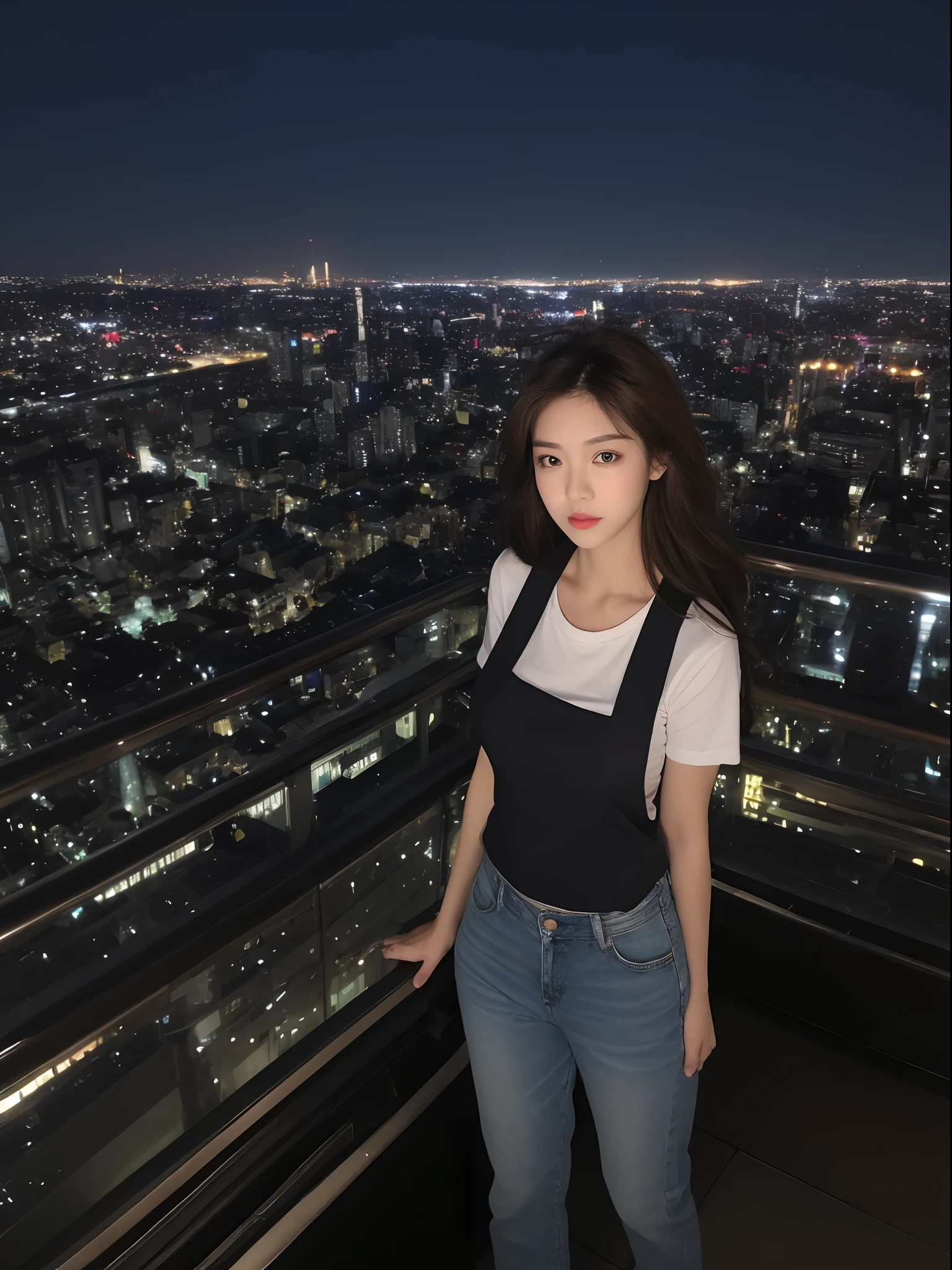 ((Midnight, Best quality, 8k, Masterpiece :1.3)), Whole body, Long legs, Sharp focus :1.2, A pretty woman with perfect figure :1.4, Slender abs :1.1, ((Dark brown hair, Big breasts :1.2)), (White tight tshirt, Jean bib, Standing:1.2), ((Night city view, Rooftop:1.3)), Highly detailed face and skin texture, Detailed eyes, Double eyelid