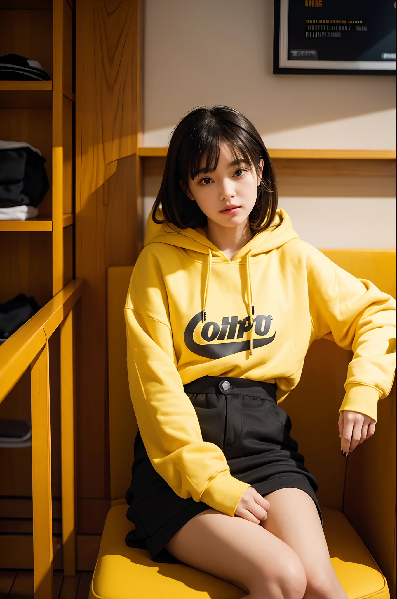 there is a woman sitting on a chair in a room, wearing a yellow hoodie, she is wearing streetwear, sitting in a cafe, sitting on a store shelf, girl wearing hoodie, sitting on chair, in a mall, sitting in a chair, sitting in chair, sitting in tokyo, color portrait, sitting on a chair, taken with canon eos 5 d mark iv