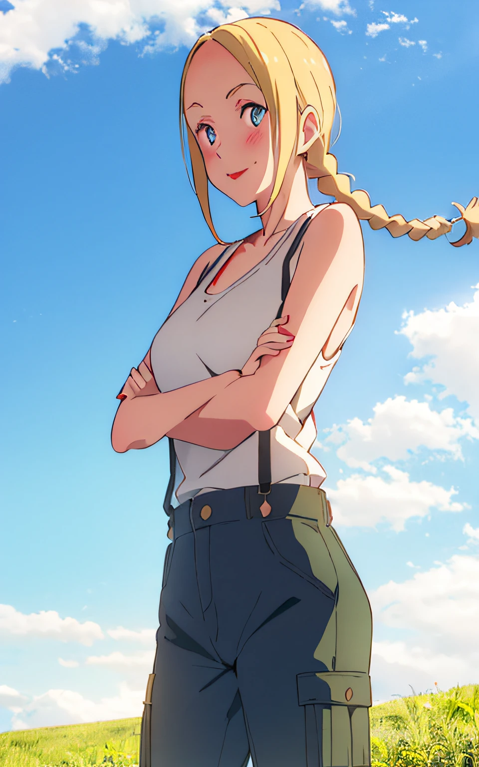 Shinkai Makoto, tenki no ko, 1woman, solo, blonde hair, parted bangs, forehead, single long braid, blue eyes, red lips, blush, white tank top, long cargo pants, moss green pants, red suspenders, smile, standing, crossed arms, looking at viewer, negative space, blue sky, cloud, outdoors, upper body