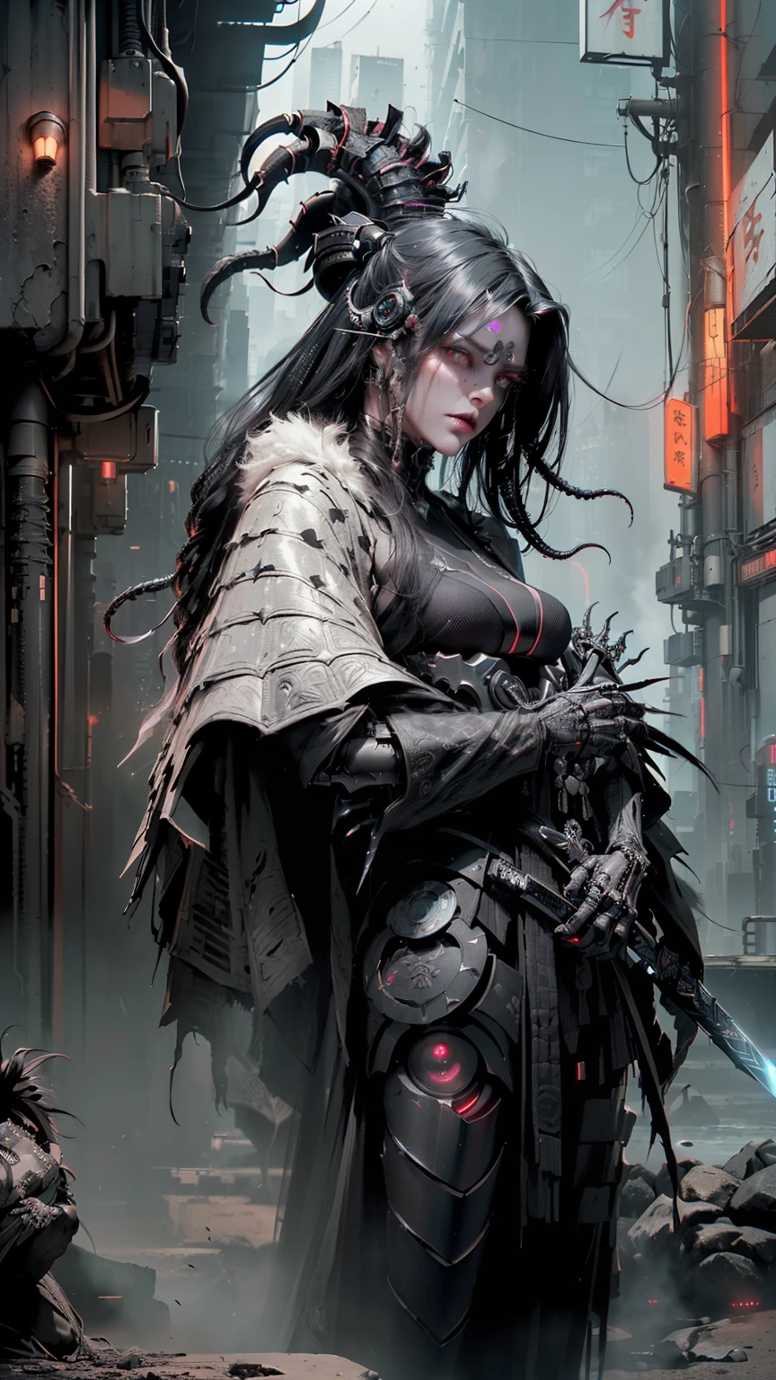 (​masterpiece、top-quality、top-quality、Official art、Beautifully Aesthetic:1.2)、、ighly detailed、(Fractal Art:1.3)、、Best Detail Future City, Cyberpunk, Violence, decadence, Future Society, Ocean Sea Artbot (((Best Quality))), ((masutepiece)) Full body, Femme Fatale Cyborg Assassin, (((With countless swords))) With black glossy futuristic mask, Dark grey metal body armor, Wear ((Traditional black kimono, Neofuturistic visual aesthetics, ((Perfect robotic eyes)) ((perfect symmetry)),, dark palette, Black Neon Tips, Neo Noir Metal Body Frame Dark Neo Noir Cyber, The composition is dark & A future with a retro 80s retro twist & Visual aesthetics of synthwave, Sci-fi horror, Dark sci-fi horror overtones, Dark apocalyptic building dark ominous clouds, Dystopian atmosphere, Dash's (Dark pulp surrealism), Undeservedly beautiful, cgsociety, Low fidelity dark grunge core, neon noire, Apocalypse Art, Dystopian Art, Sabatier Filter, Cinematic lighting, dieselpunk, Black ink splatters and oil grunge, enigmatic, Forbidden art, Perfect composition, Fits within the frame, Strangely ominous, Nightmare fuel, Intricate details,Neon Horror St..................3D Unreal Engine Rendering, A dark story is unfolding, Close up portrait of a person with sword and armor, cyberpunk samurai, ArtGerm Craig Mullins, craig mullins style, Craig Mullins Necro, epic sci-fi character art,skeletal、canny、multiple arms、Unpleasant tentacles、an alien