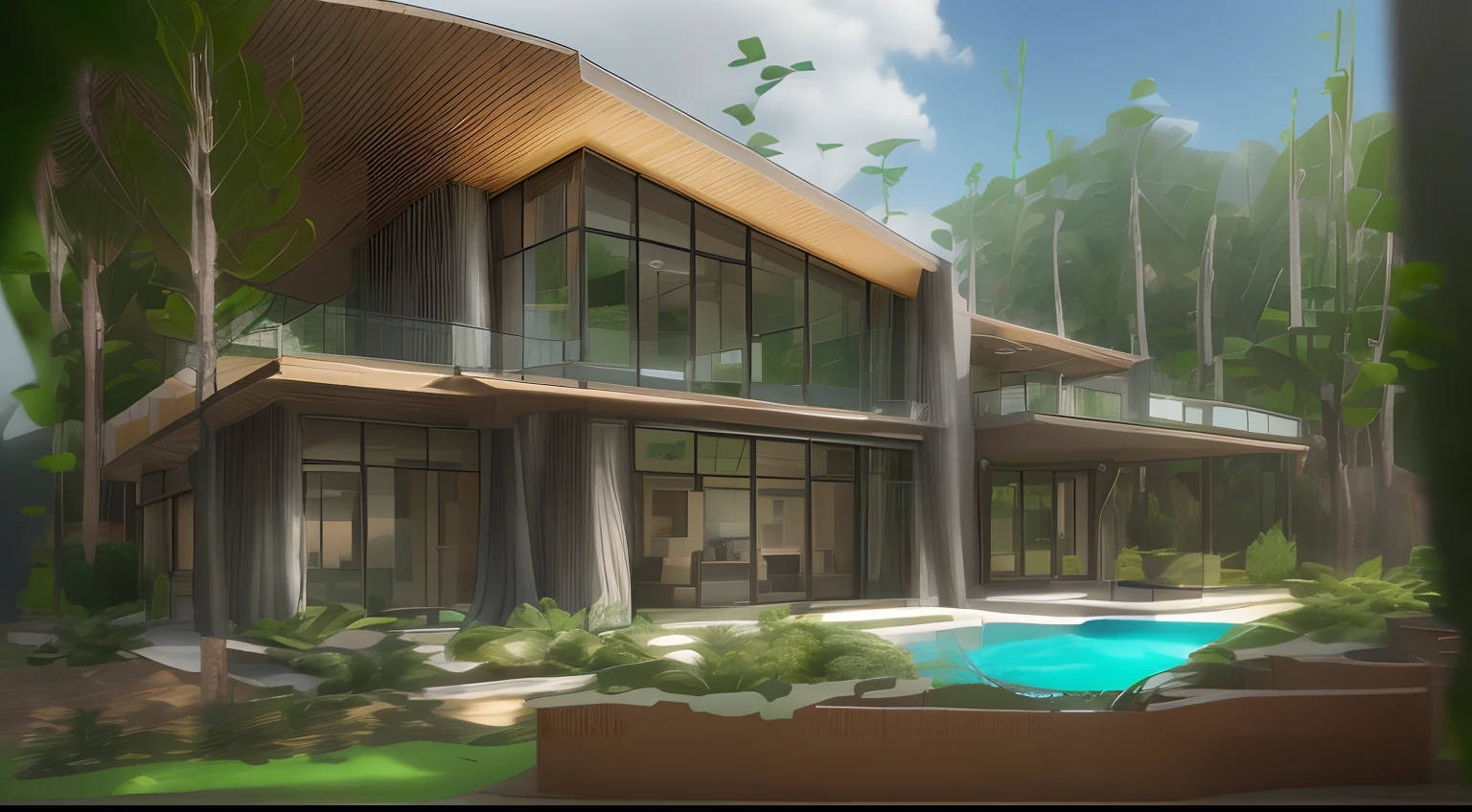 Organic modern architecture on a plot without walls and fences, Terreno bastante grande, terreno com cavalos, paisagem liver, pradaria com arvores , There is a swimming pool in the middle of a large one-story house, cor da casa em vigas marrom chocolate e preto, large modern residence, telhados planos e jardim, render luxcore, renderizar oktane, a photorealistic rendering, architectural render, mantra rendering, architectural render, realism rendering, architectural visualisation, piscina de bem-estar, architectural visualisation, Large green areas, com pequenas zonas de flores de lavanda, arbustos verdes tipo exuberante jardim verde, as well as small water mirrors, swimming pool embedded in an area of sand, oliveiras e pinheiros ao redor da casa, 8k ultra-realista, muito detalhe\