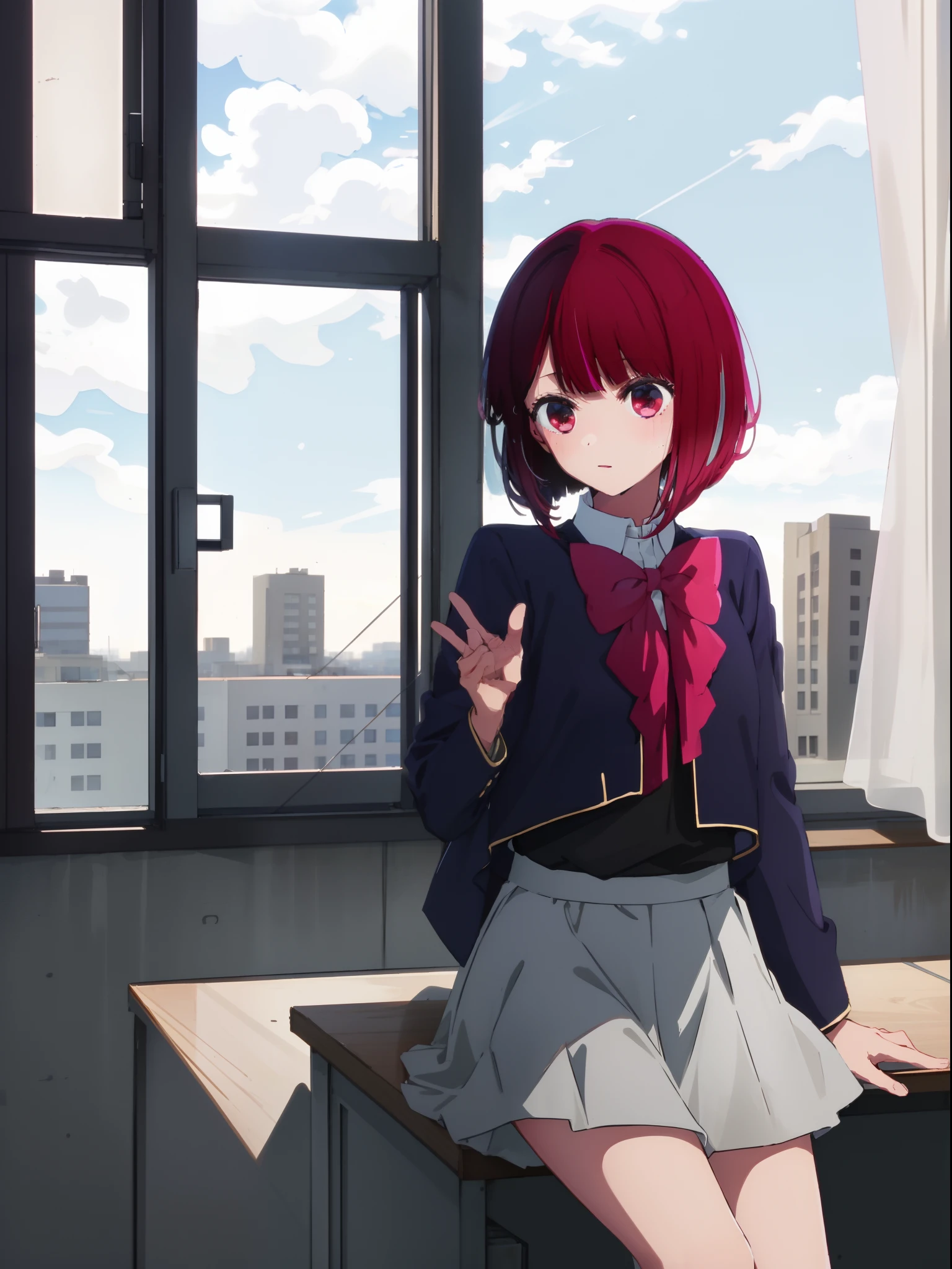 ​masterpiece, hightquality, 8K, beautiful  lighting, arima, pink bowtie, student clothes, Blue jacket,  grey skirt, 1girl in, 独奏, white  shirt, Black socks, sitting on, ‎Classroom,View from the front,cowboy  shot