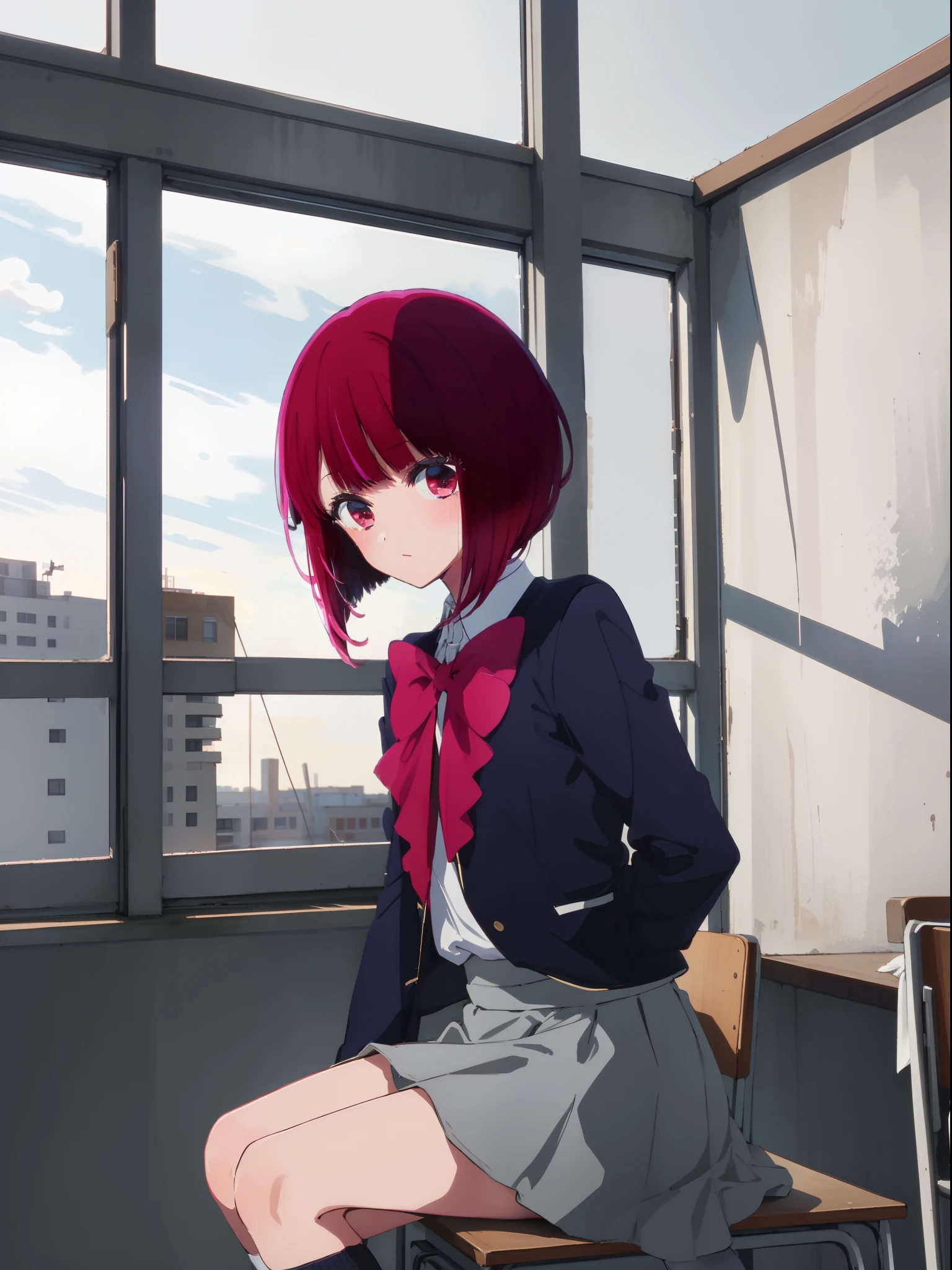 ​masterpiece, hightquality, 8K, beautiful  lighting, arima, pink bowtie, student clothes, Blue jacket,  grey skirt, 1girl in, 独奏, white  shirt, Black socks, sitting on, ‎Classroom,View from the front,cowboy  shot