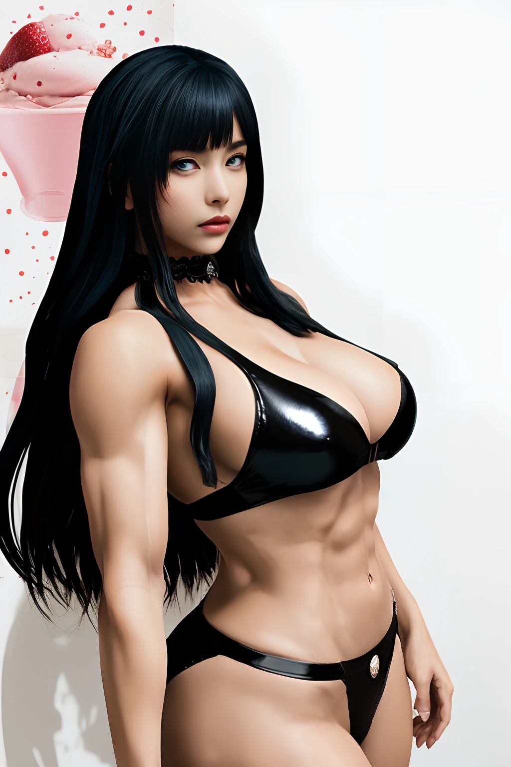 Gaia, seductive pose, messy hair, wearing Roman toga for women, voluptuous body, muscular body, split abs, BLACK HAIR, BLUE EYES, Mediterranean tan, detailed body, shiny skin, WET skin, shiny glossy skin, glossy skin, oily skin, hyper detailed, looking at viewer, huge breasts, thick thighs, wide hips, muscular arms, large bulging veins on body, viens, muscle vein, correct proportions, skin detail, strawberry ice cream background, photograph, photoshoot, Spherical Lens 75mm T1.9