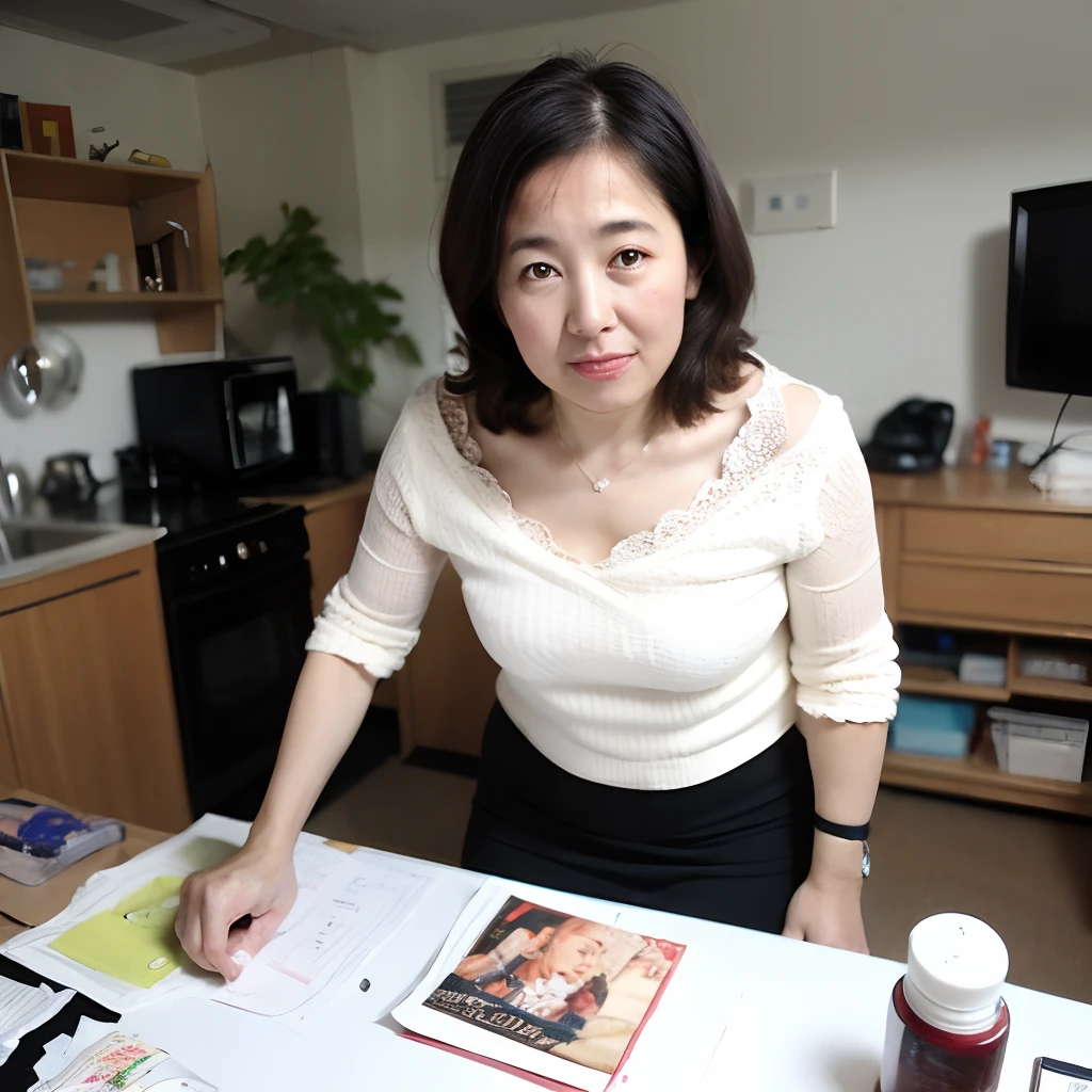 ((top-quality、8K、tmasterpiece、porate:1.3)), fores, Disposable Camera, 35㎜ film, high high quality, jpn, middle aged women, Beautuful Women,41 years old, Plump body, wavey hair, Wrinkles at the corners of the eyes, Messy room、Kitchen in the apartment、Raw feet、hands on desk、vera、barechested、teaxs、The