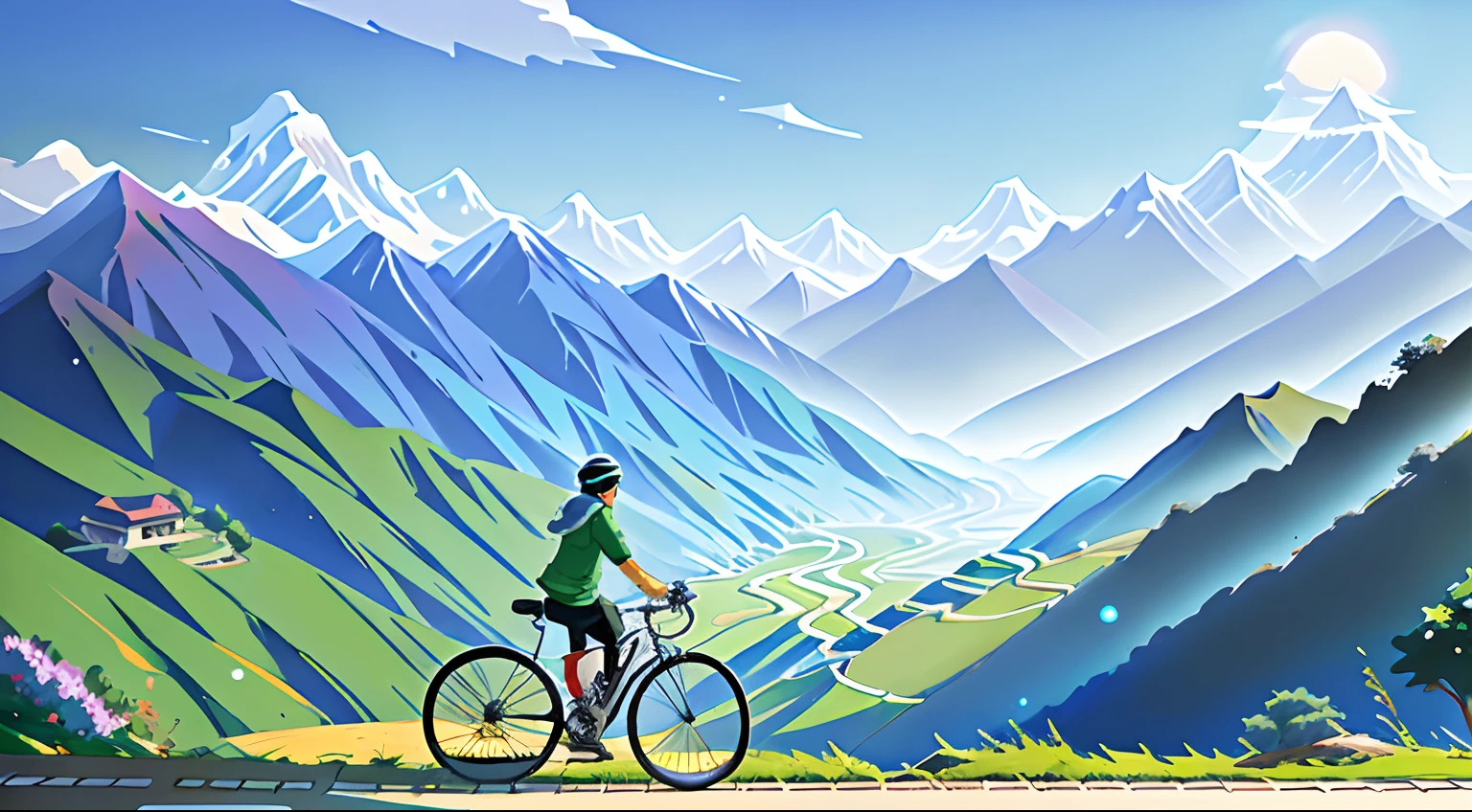 (bike: 1.5), (realistic bike: 1.5), (realistic cyclist: 1.5), back cyclist in the foreground, Himalayas of nepal , on the wall of nepal, lofi landscape, sun, shadows, contrast, makoto shinkai (Best quality: 1.3), (Highres:1) Art by Studio Ghibli Style, Impressionism, Solitude