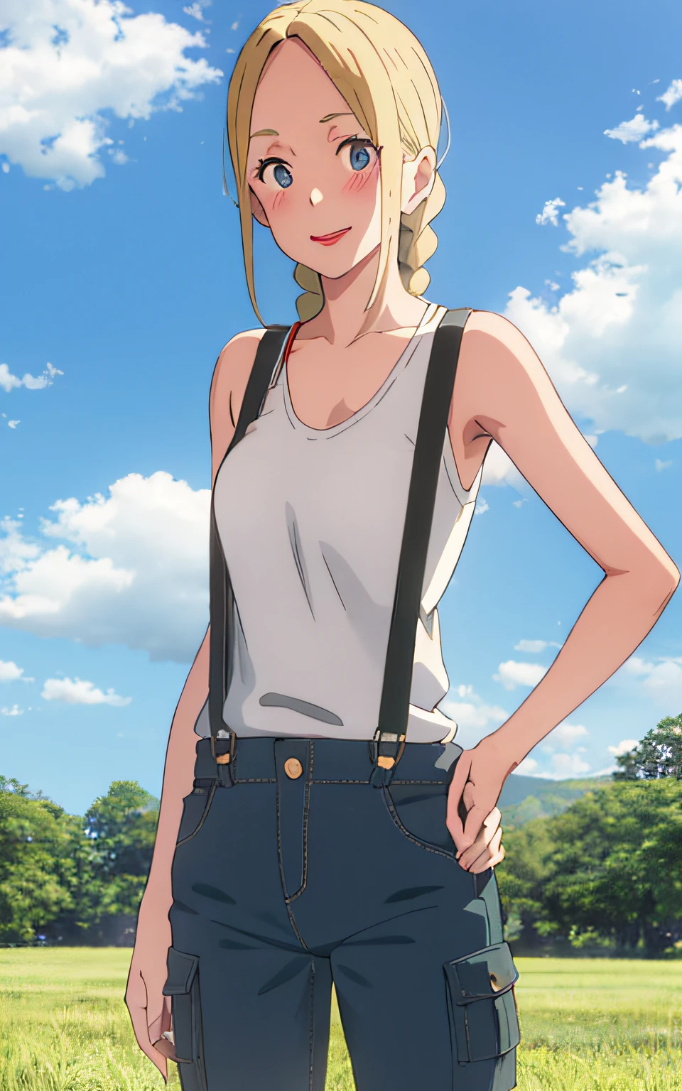 Shinkai Makoto, tenki no ko, 1woman, solo, blonde hair, parted bangs, forehead, single long braid, blue eyes, red lips, blush, white tank top, long cargo pants, moss green pants, red suspenders, smile, standing, crossed arms, looking at viewer, from front, negative space, blue sky, cloud, outdoors, upper body
