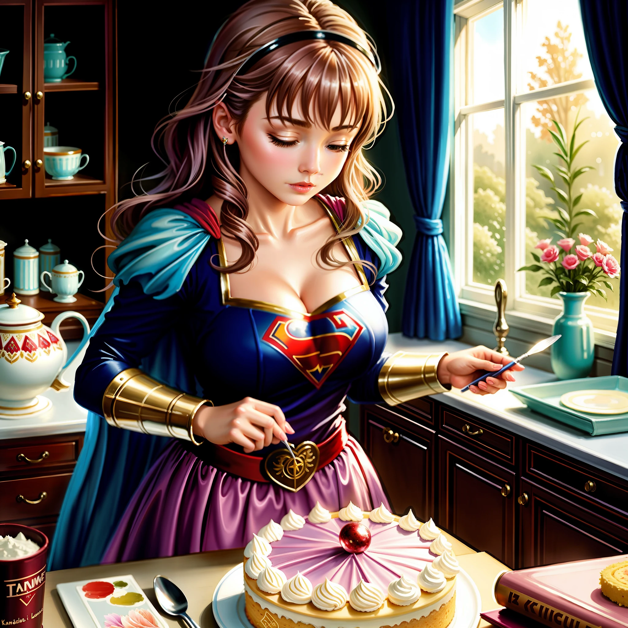 Super Girl preparing a cake. ethereal fantasy hyperdetailed mist, gouache detailed painting, art by
Thomas Kinkade.