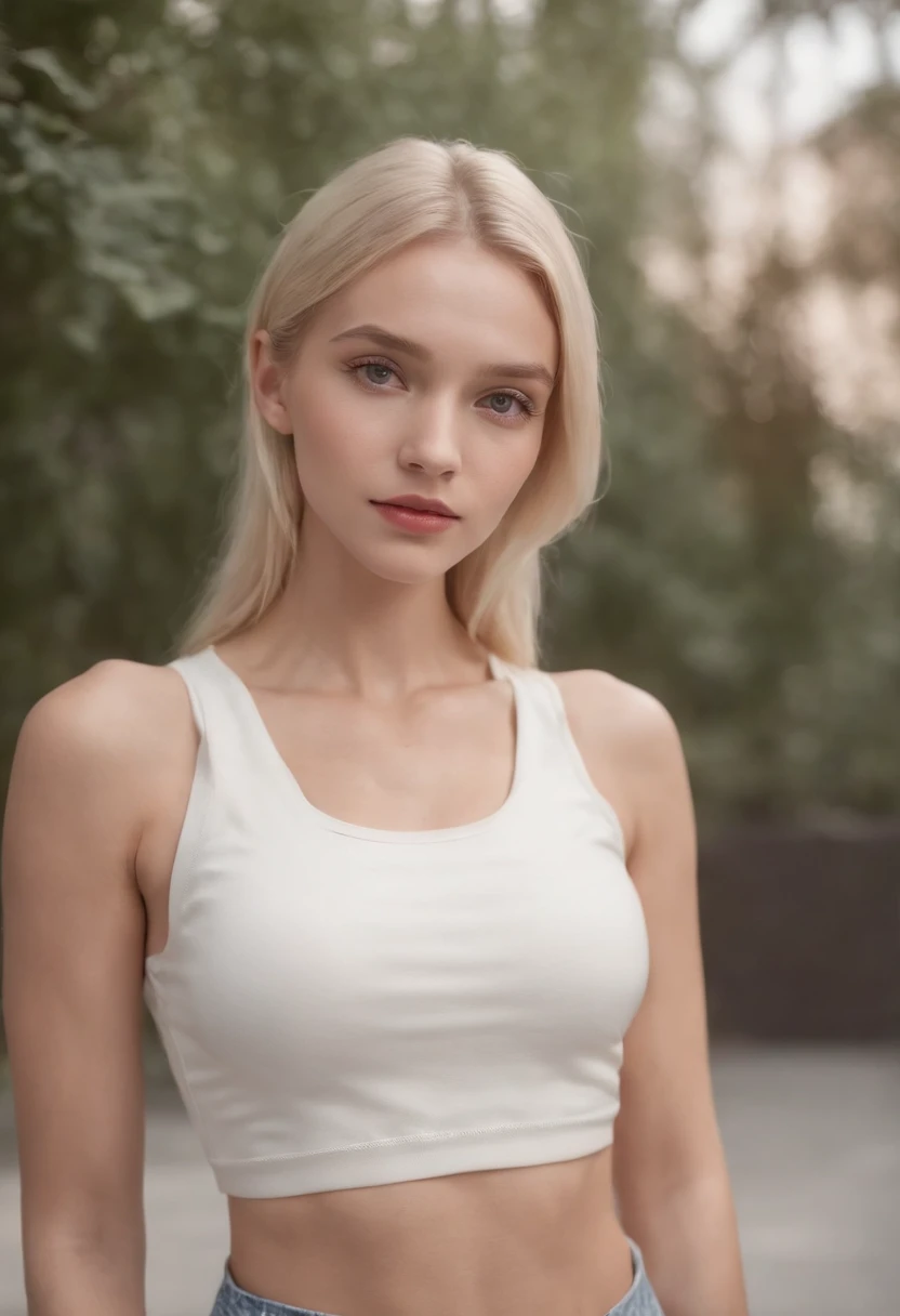 a young woman with Short blonde hair standing outside, in the style of cool,White short tank top and tight yoga pant, big boobs with few arm tattoo, baggy denim pants, zeiss planar t* 88mm f/1.2, kodak portrait, uhd image, sovietwave, distinct facial features,