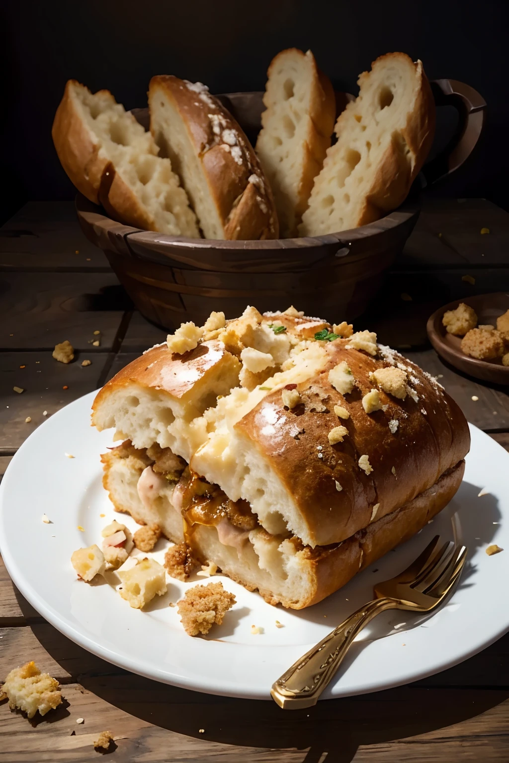 A marching ant holding a small piece of bread, surrounded by bread crumbs, marching together. (best quality, ultra-detailed, realistic, vivid colors), textured illustration, close-up shots, bright warm lighting, with a touch of nostalgia, beautiful fine details of the ant, intricate patterns on the bread, dynamic and lively composition, crisp focus, vibrant colors of the bread crumbs, with a hint of golden sunlight, reminiscent of a summer afternoon picnic.